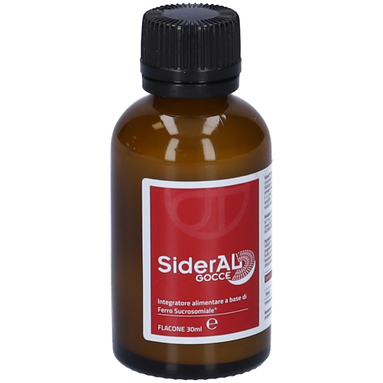 Braune Glasflasche mit schwarzem Schraubverschluss. Rotes Etikett mit weißer Schrift: SiderAL Gocce, Flacone 30ml.