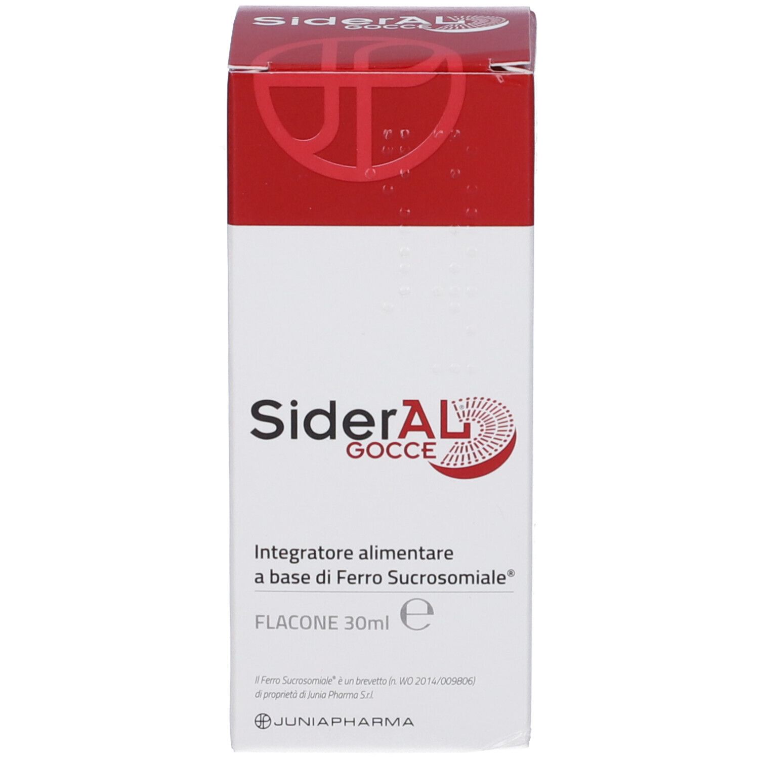 Rote und weiße Schachtel mit der Aufschrift SiderAL Gocce. Flacone 30ml. Aufdruck: Integratore alimentare a base di Ferro Sucrosomiale.
