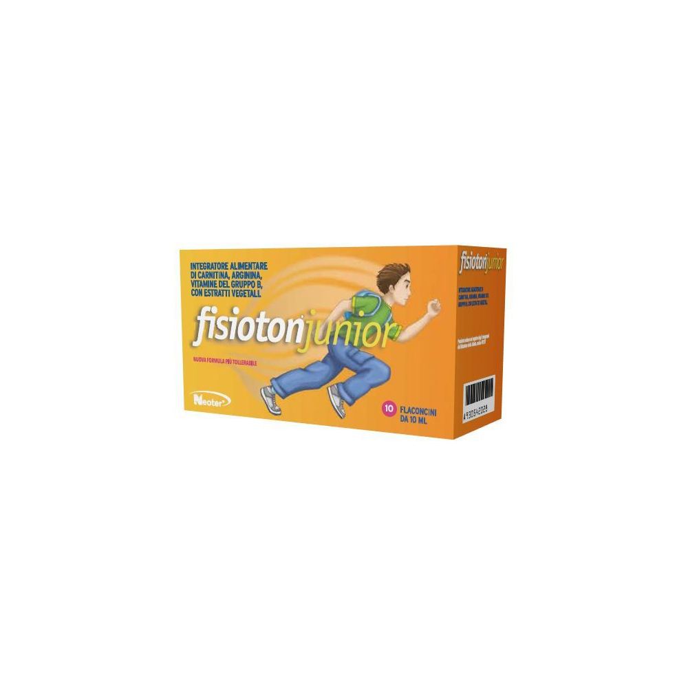Boîte orange avec logo "fisioton junior" et illustration d'un garçon. Contient 10 flacons.