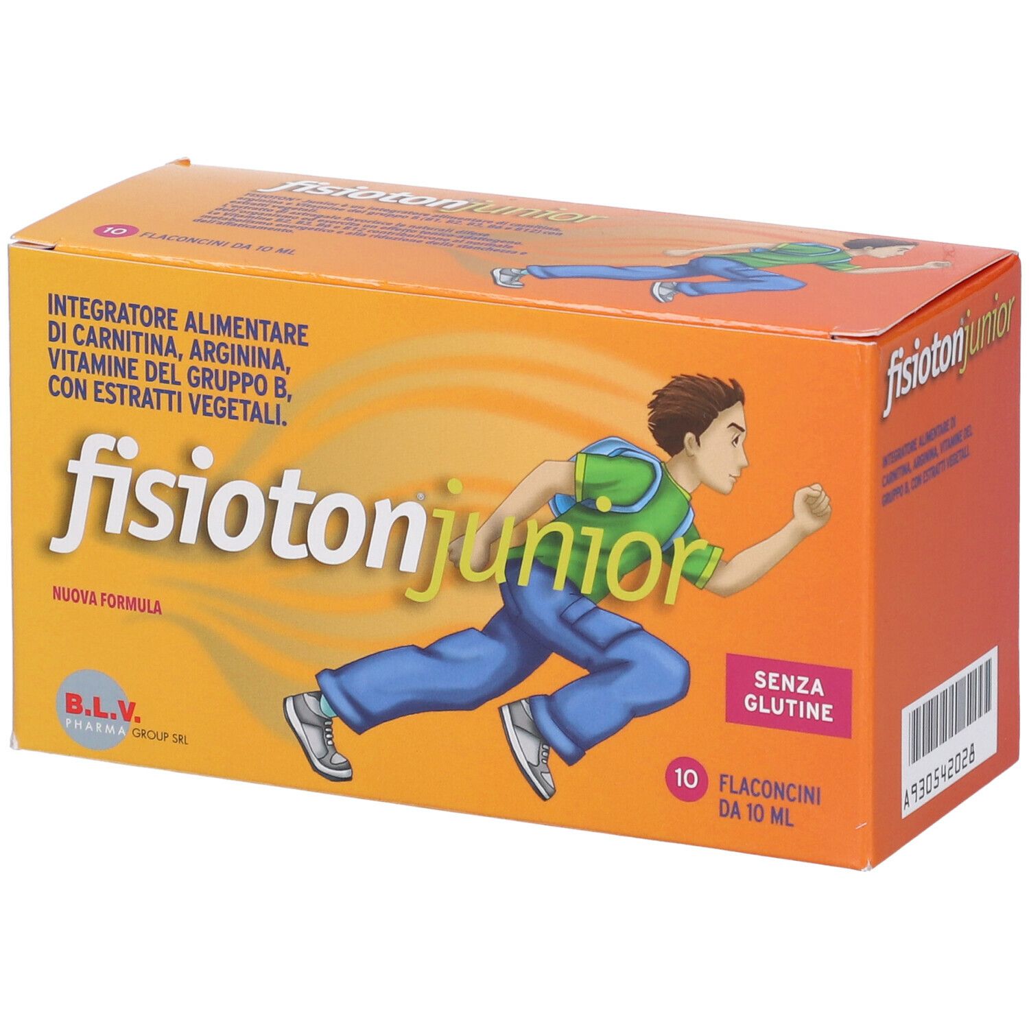Boîte orange avec logo "fisioton junior", illustration d'un garçon et texte. 10 flacons, sans gluten.