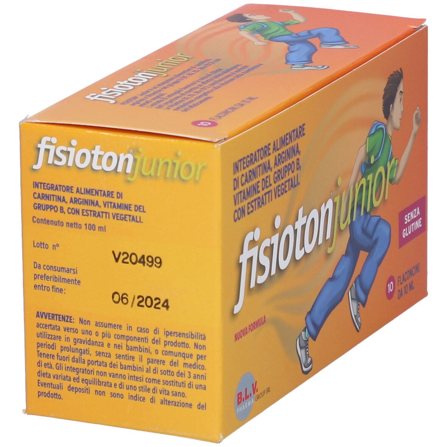Boîte orange avec logo "fisioton junior", illustration d'un garçon et texte. 10 flacons, sans gluten.