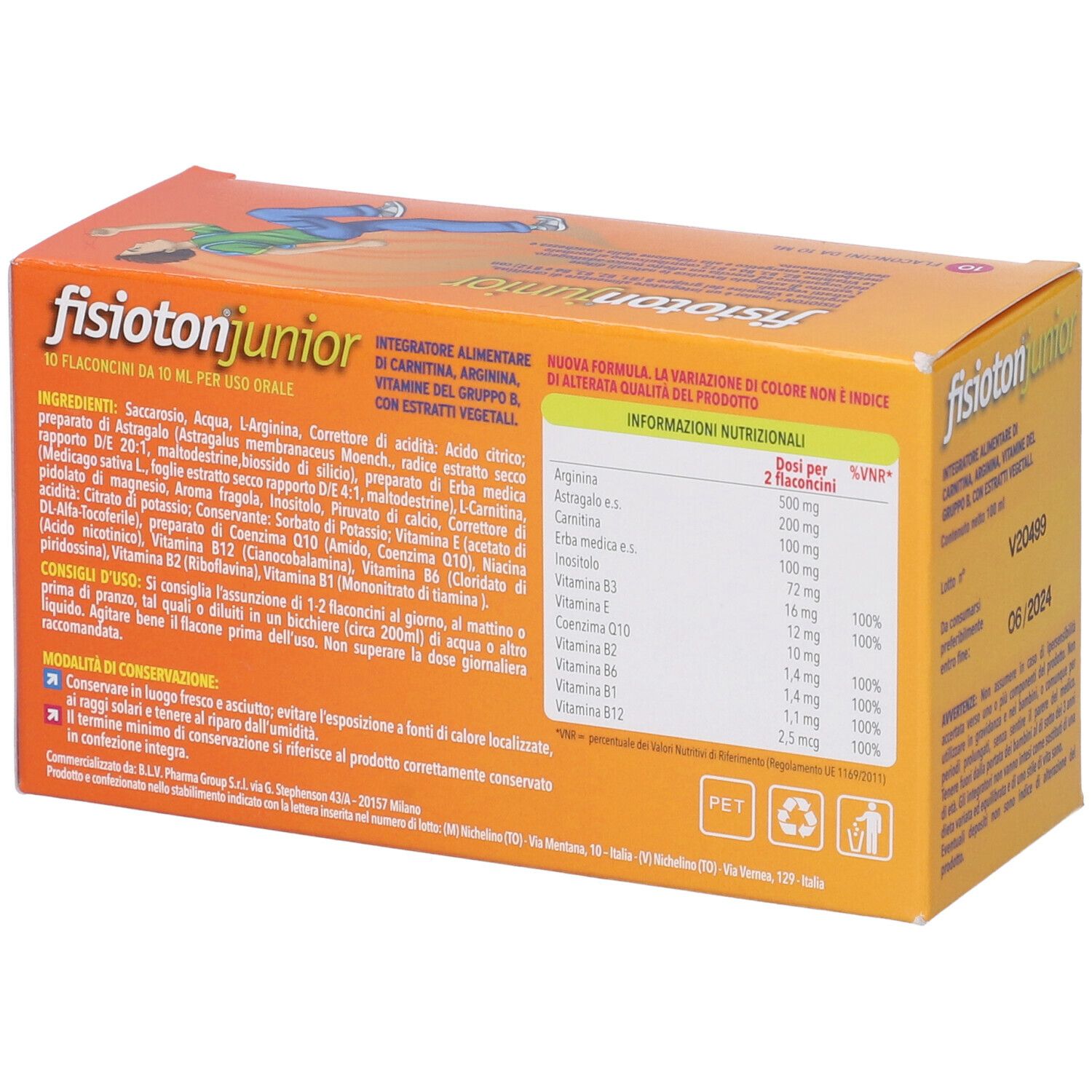 Boîte orange avec logo "fisioton junior" et texte. Dos avec ingrédients et informations nutritionnelles.