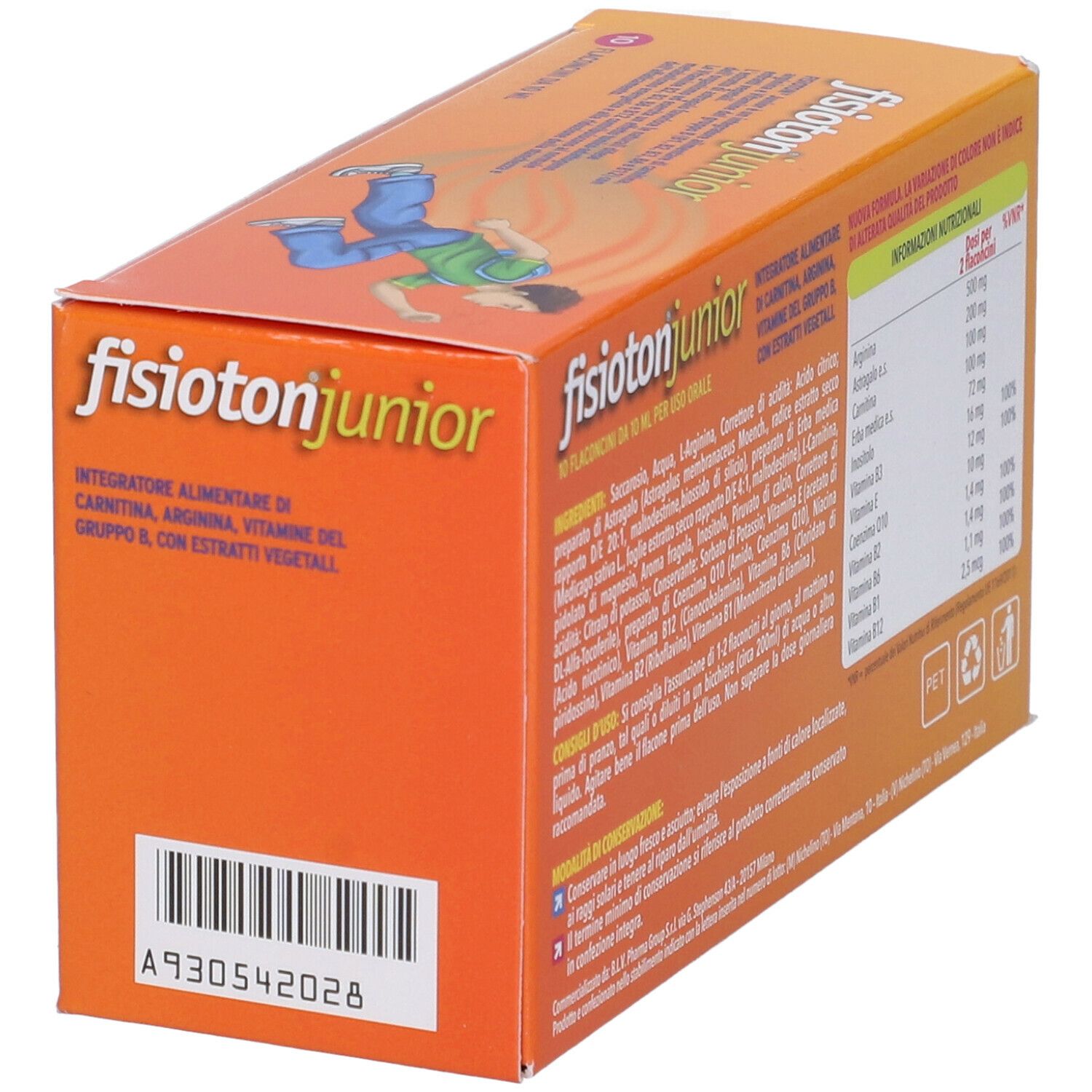 Boîte orange avec logo "fisioton junior" et texte. Dos avec ingrédients et informations nutritionnelles.