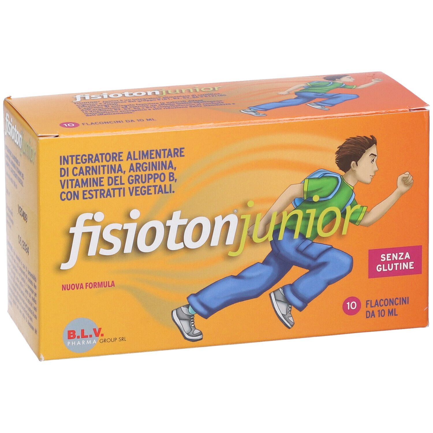 Boîte orange avec logo "fisioton junior", illustration d'un garçon et texte. 10 flacons, sans gluten.