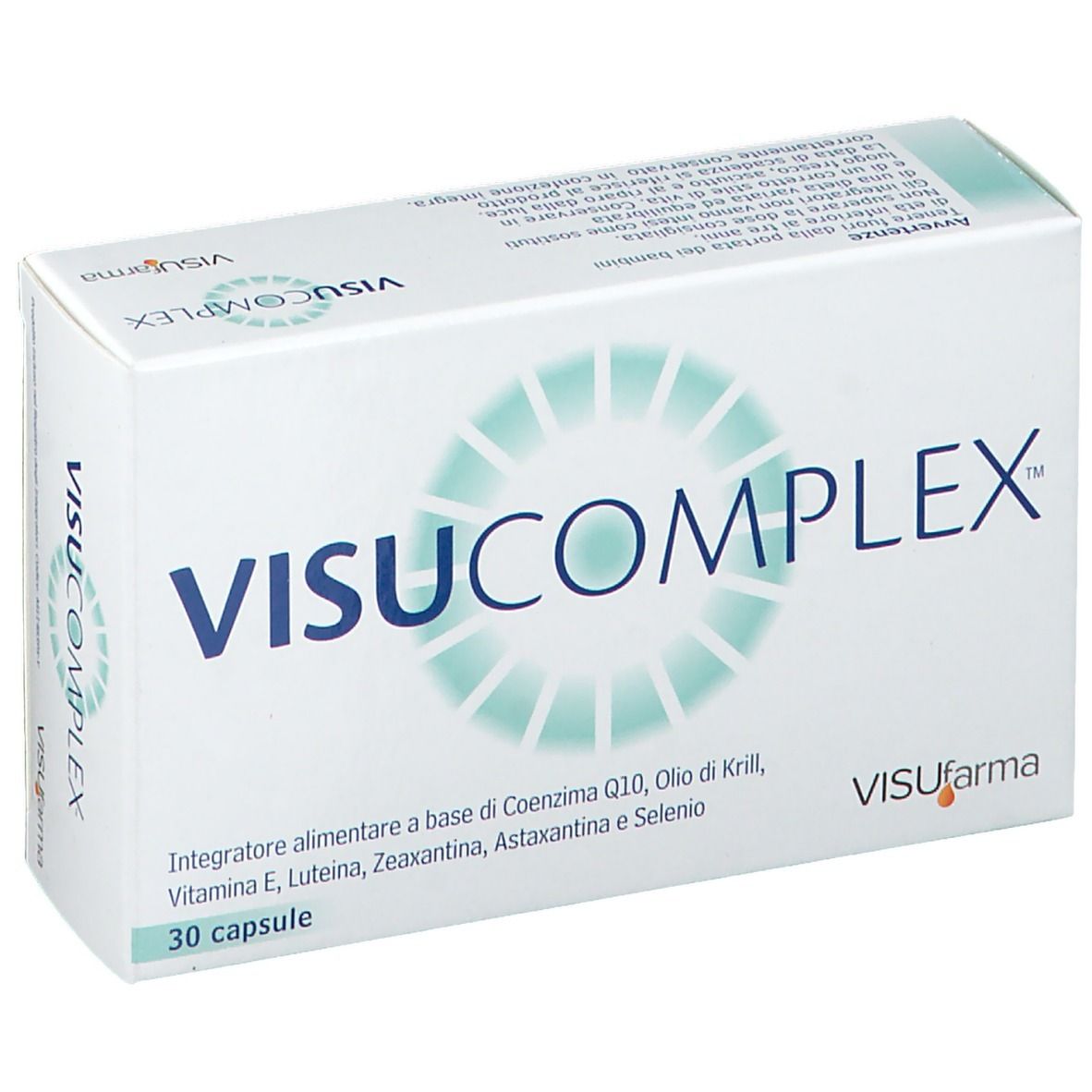Boîte blanche VISUcomplex. Contient 30 capsules. Logo Visufarma en bas à droite.