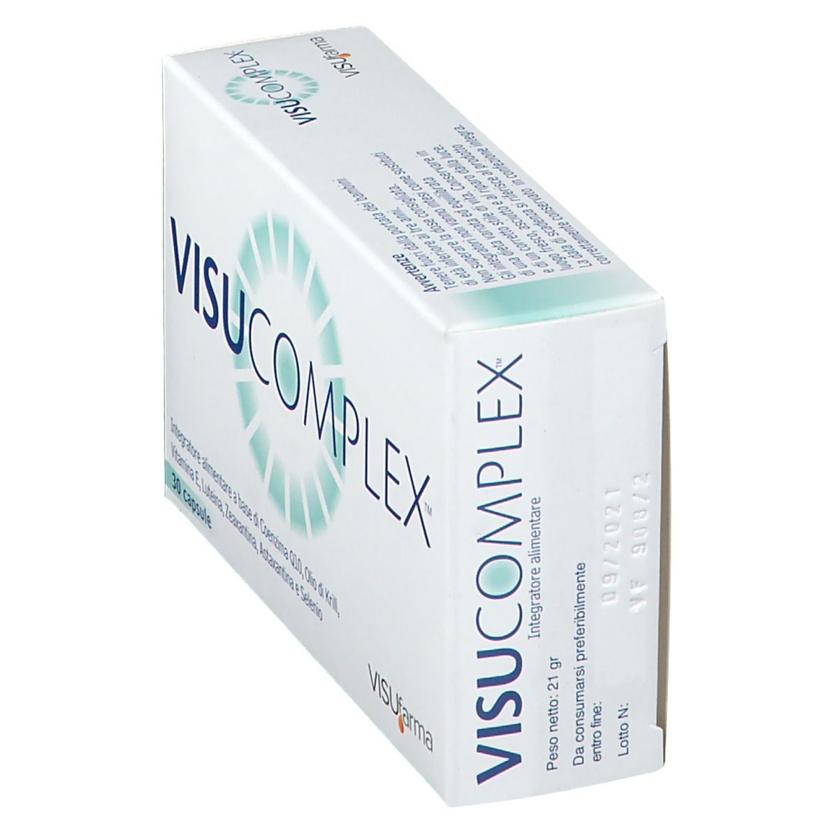 Boîte blanche VISUcomplex. Contient 30 capsules. Logo Visufarma en bas à droite.
