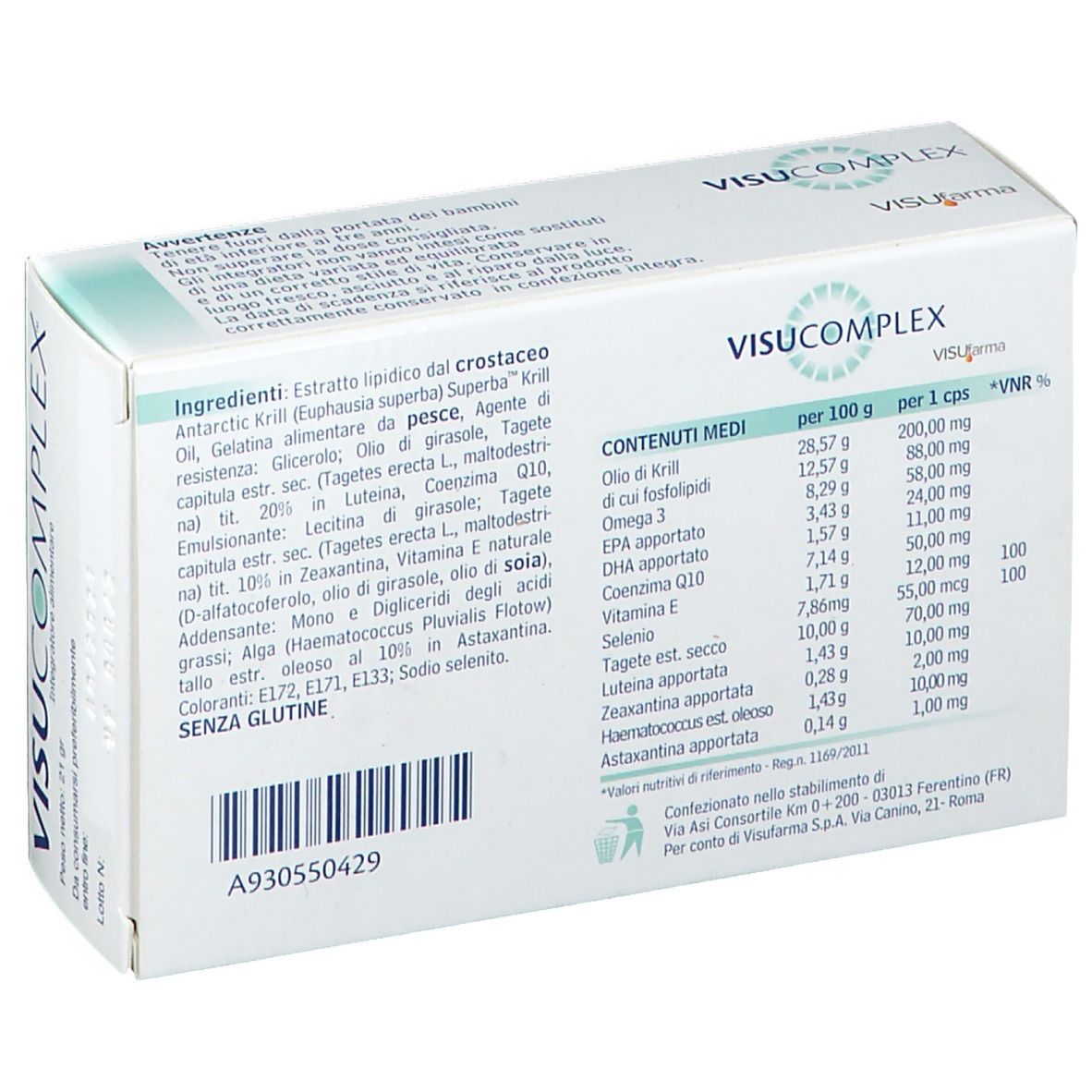 Dos de la boîte blanche VISUcomplex. Contient les ingrédients et les informations nutritionnelles.