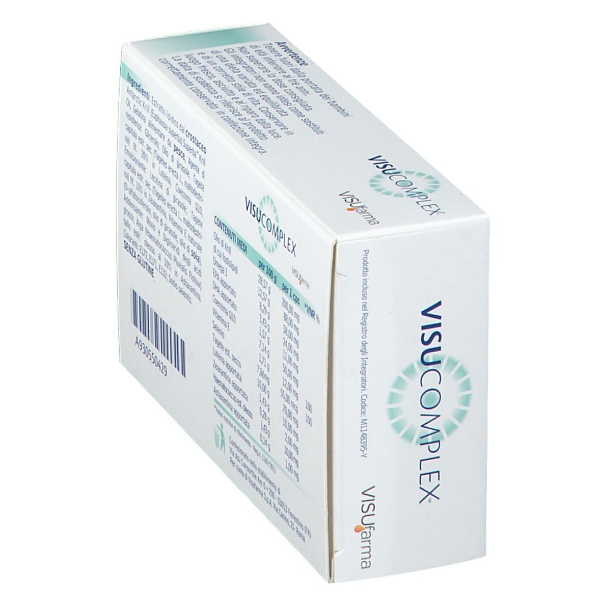 Boîte VISUcomplex blanche en biais. Contient les ingrédients et les informations nutritionnelles.