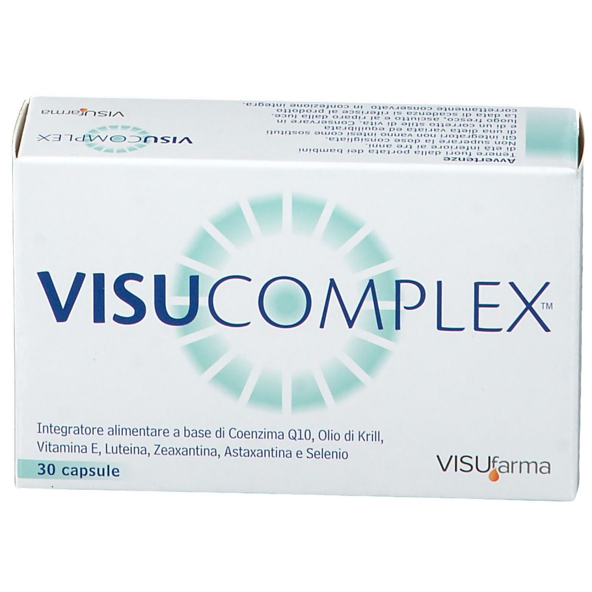 Boîte blanche VISUcomplex. Contient 30 capsules. Logo Visufarma en bas à droite.