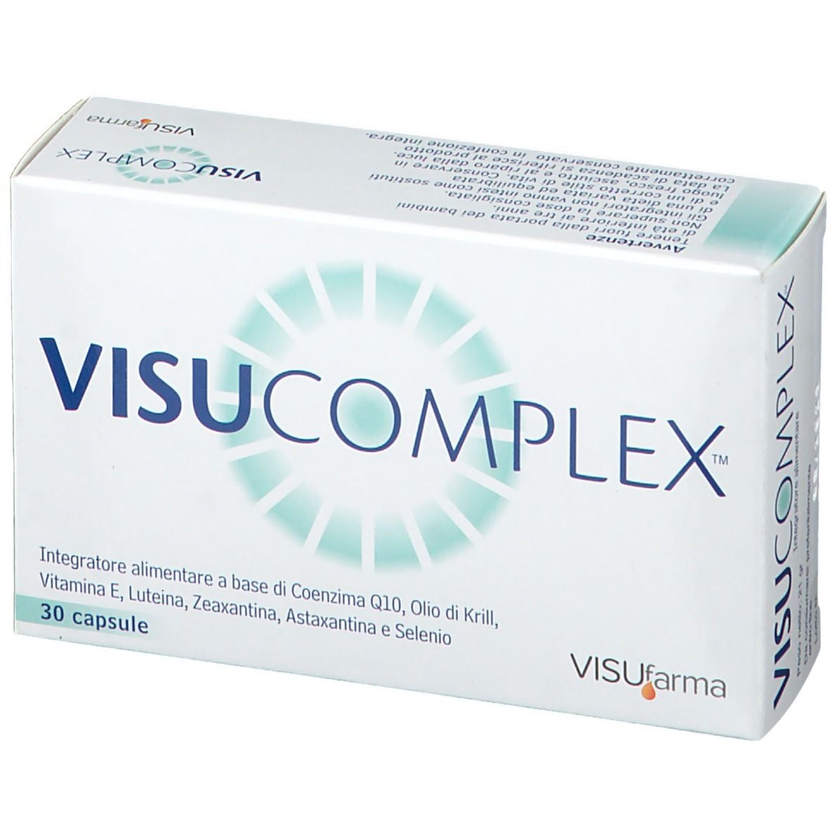 Boîte blanche VISUcomplex. Contient 30 capsules. Logo Visufarma en bas à droite.
