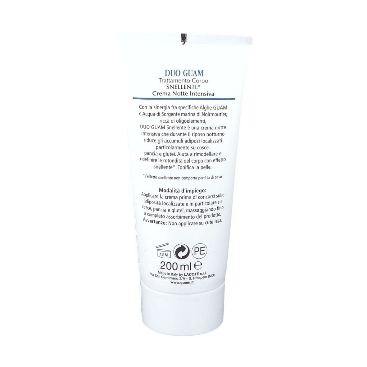 Rückseite einer weißen Tube. Text: DUO GUAM, Trattamento Corpo SNELLENTE, Crema Notte INTENSIVA. 200 ml. Lacote.