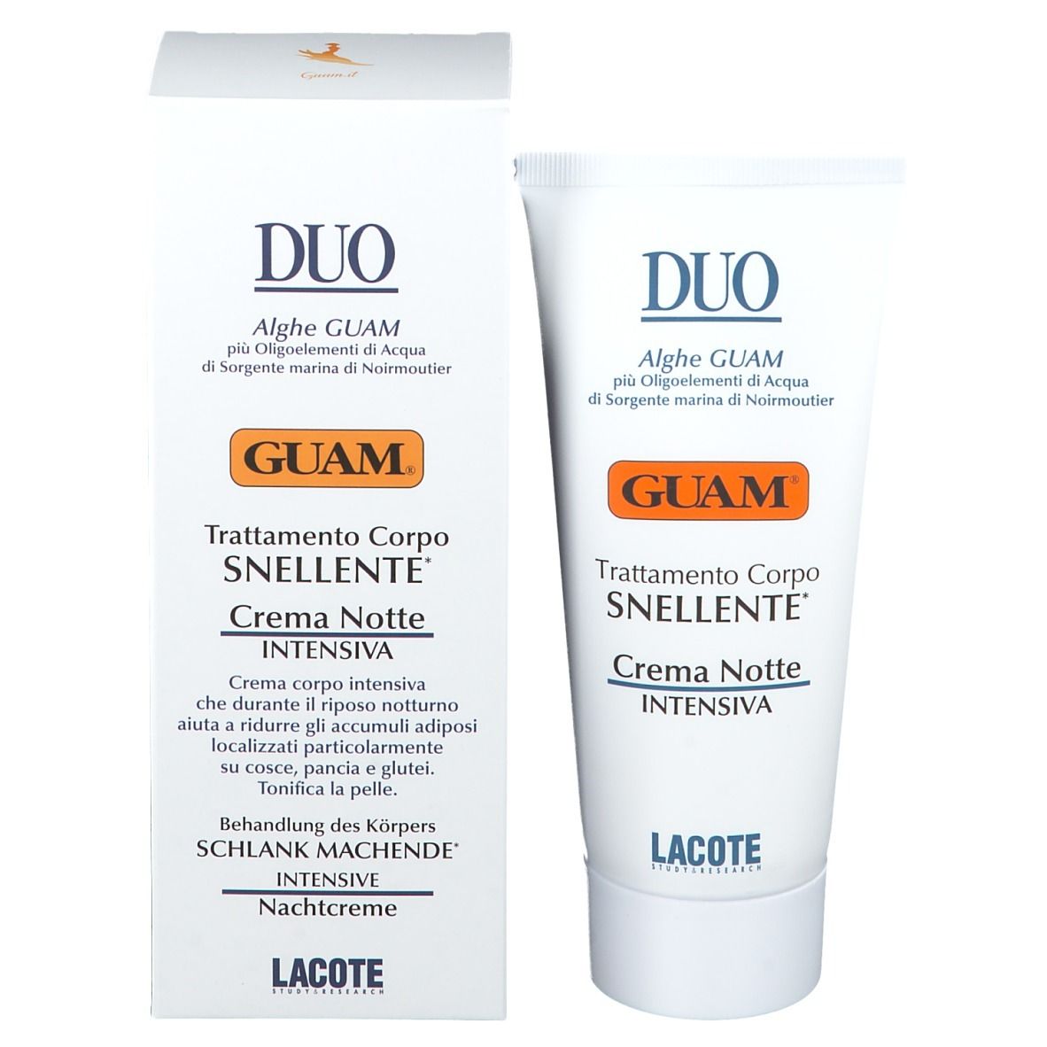 Produktverpackung mit Tube. Text: DUO, GUAM, Trattamento Corpo SNELLENTE, Crema Notte INTENSIVA. Behandl. d. Körpers SCHLANK MACHENDE. Lacote.