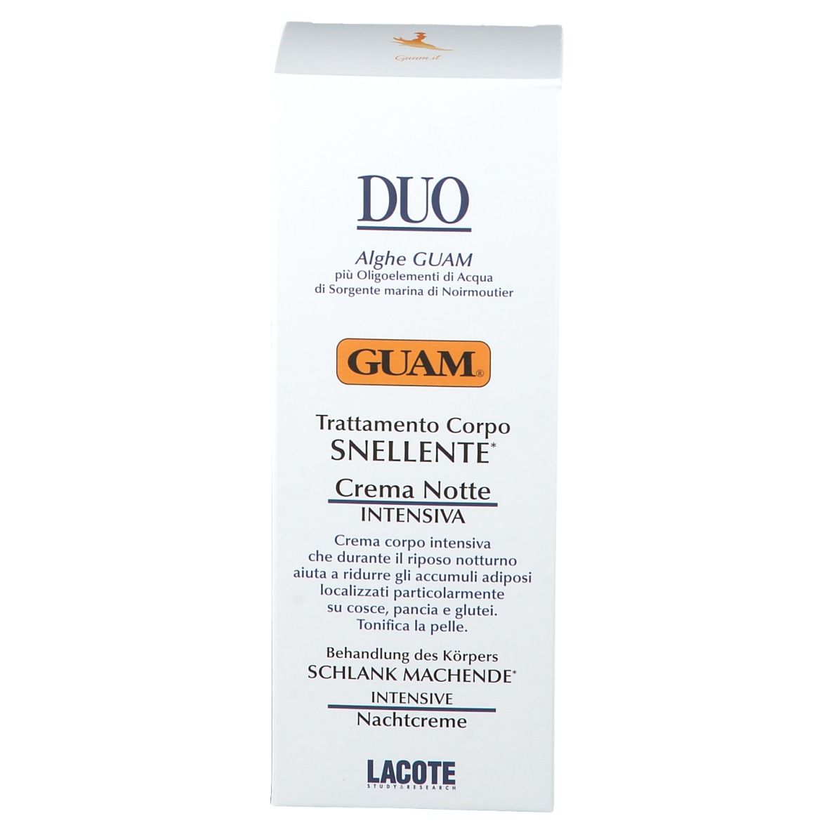 Produktverpackung. Text: DUO, GUAM, Trattamento Corpo SNELLENTE, Crema Notte INTENSIVA. Behandl. d. Körpers SCHLANK MACHENDE. Lacote.