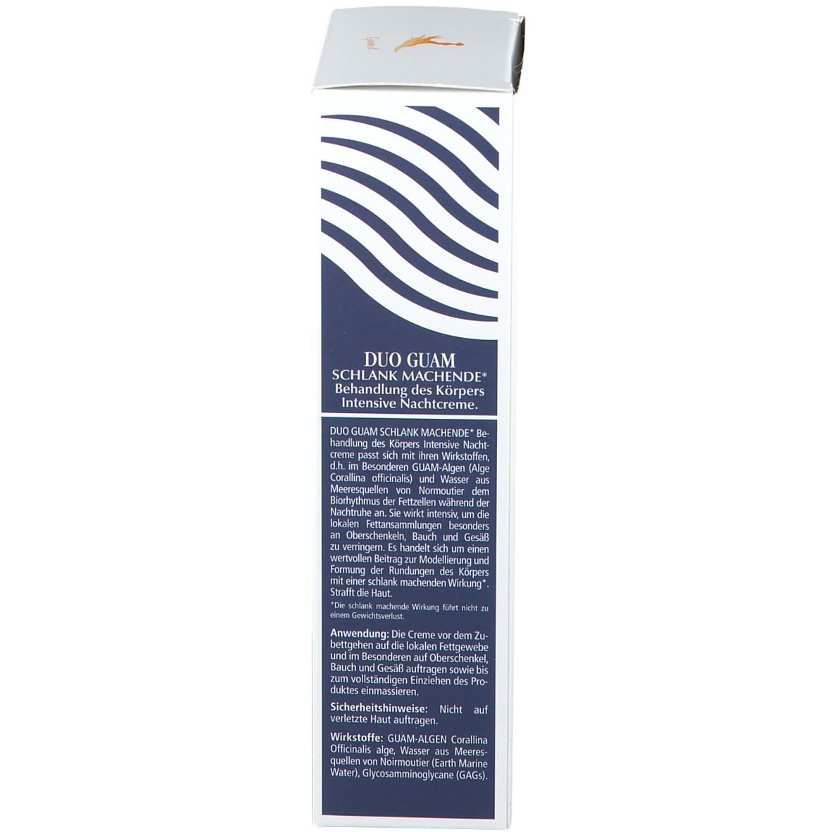 Produktverpackung, Seite. Text: DUO GUAM SCHLANK MACHENDE, Behandlung des Körpers Intensive Nachtcreme. Lacote.