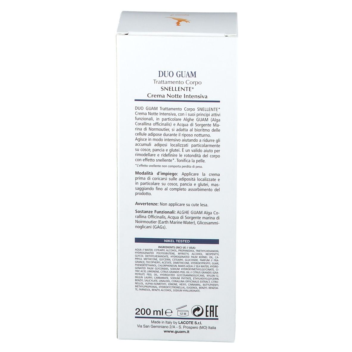 Produktverpackung, Seite. Text: DUO GUAM Trattamento Corpo SNELLENTE, Crema Notte INTENSIVA. 200 ml. Lacote.