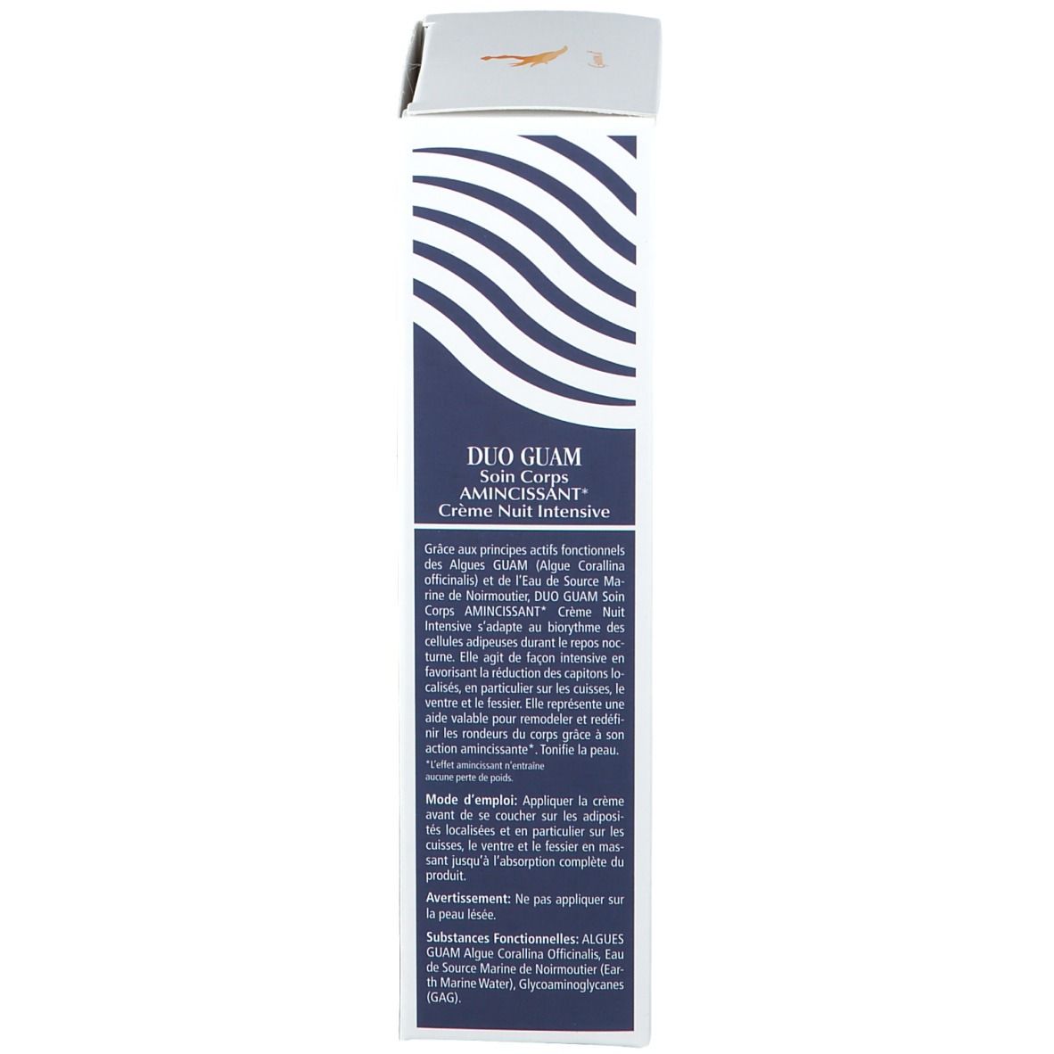 Produktverpackung, Seite. Text: DUO GUAM Soin Corps AMINCISSANT, Crème Nuit Intensive. Lacote.