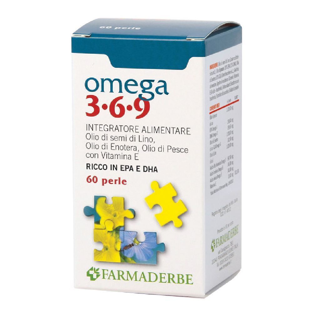 Boîte de complément alimentaire Omega 3·6·9, 60 perles. Marque Farmaderbe. Design avec pièces de puzzle.