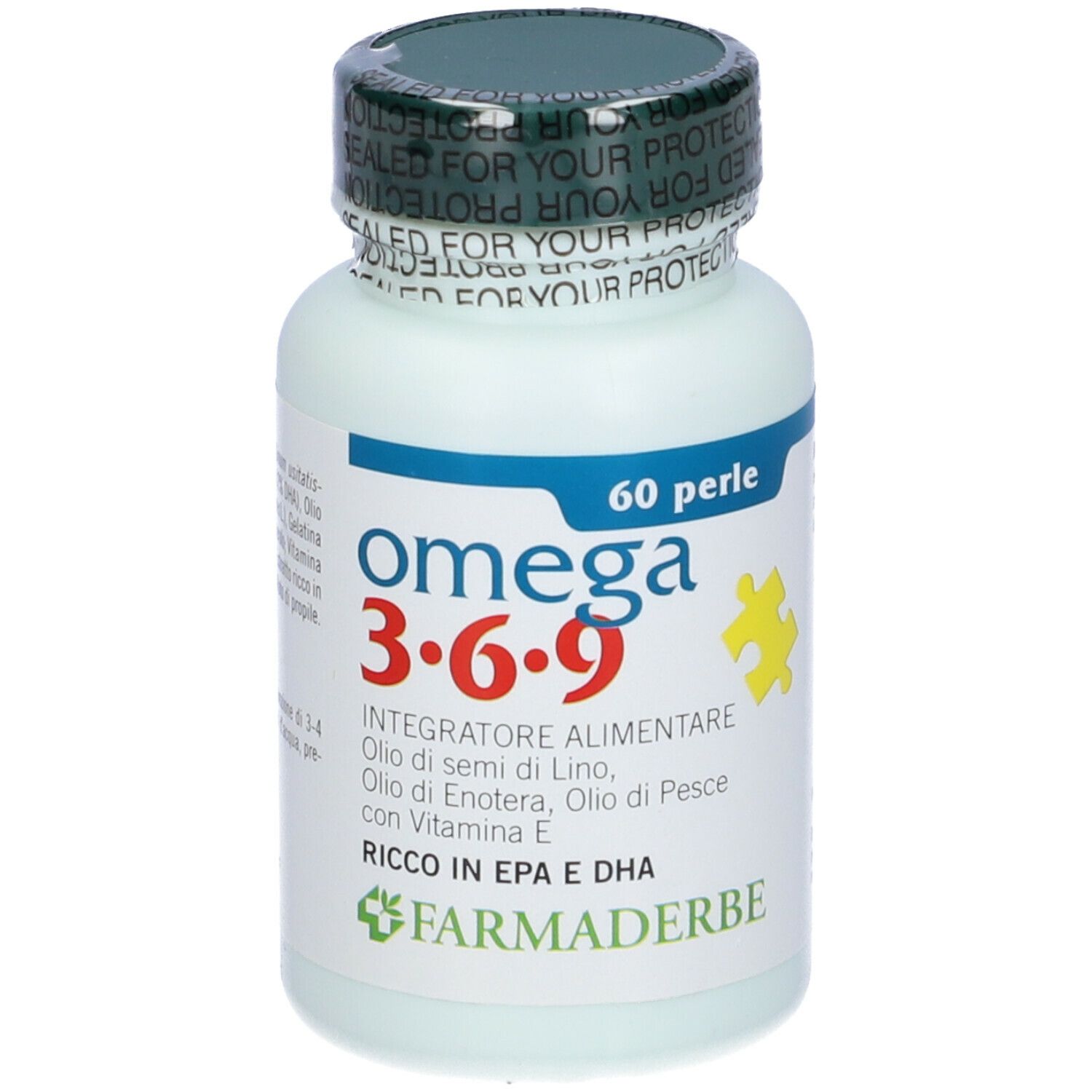 Flacon de complément Omega 3·6·9, 60 perles. Marque Farmaderbe. Bouchon vert scellé.