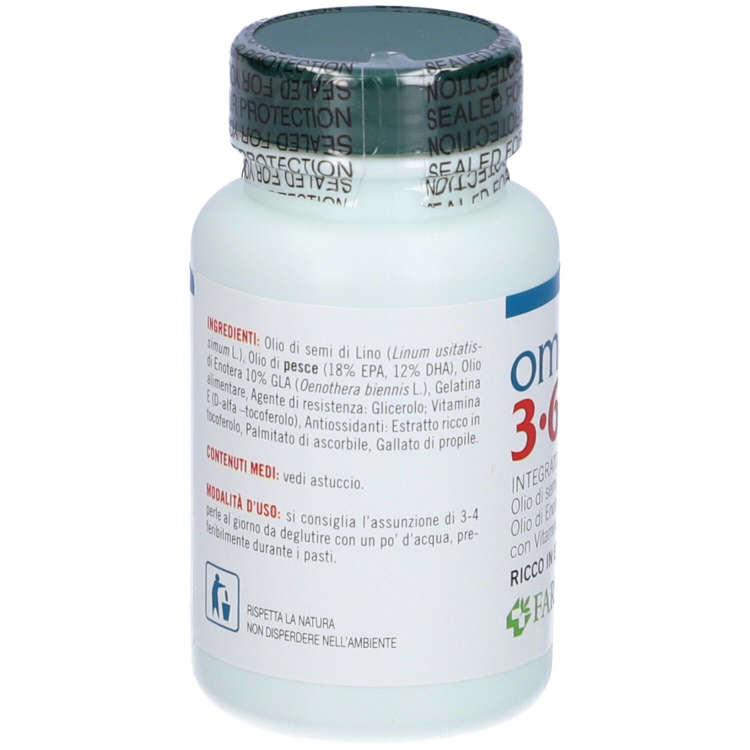Dos du flacon de complément Omega 3·6·9. Contient ingrédients et mode d'emploi.