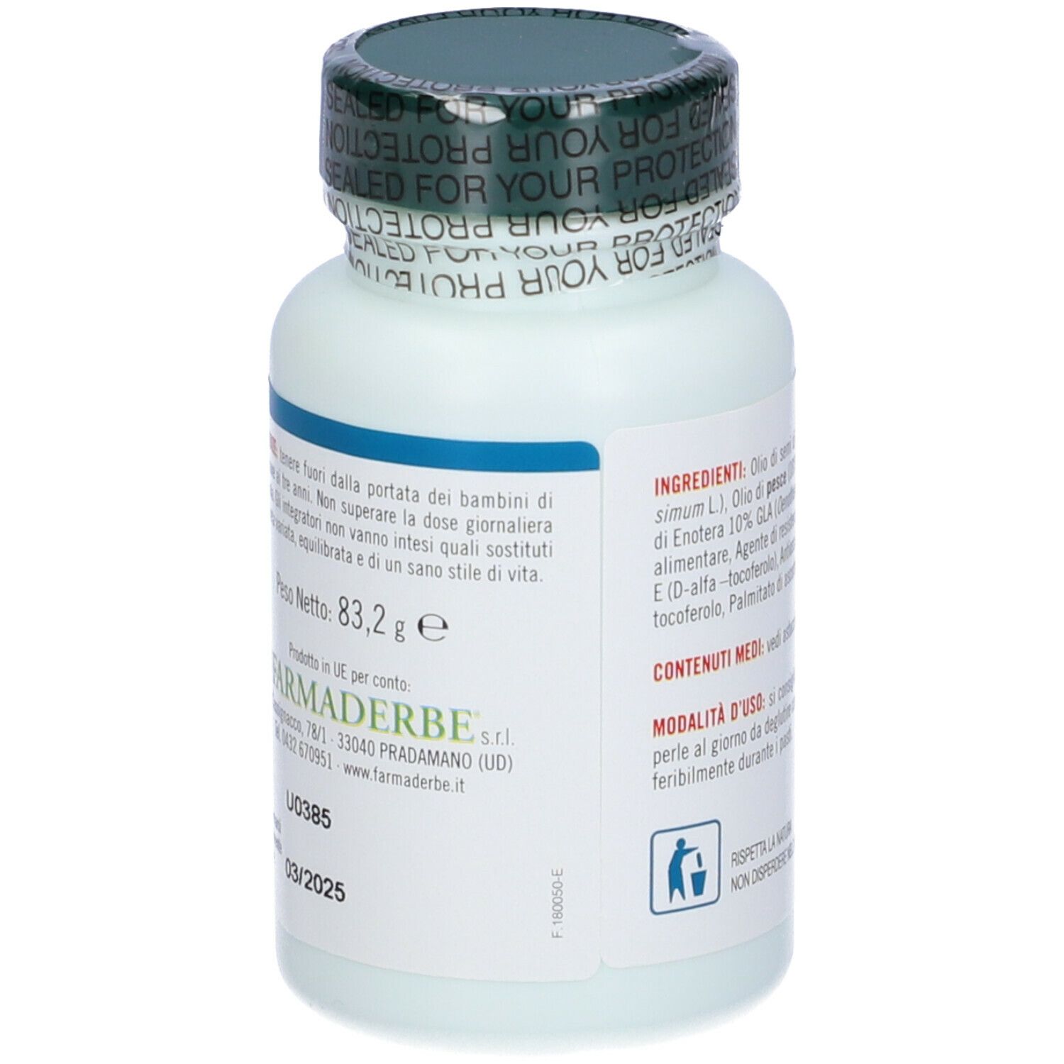 Dos du flacon de complément Omega 3·6·9. Contient informations de poids et fabricant.