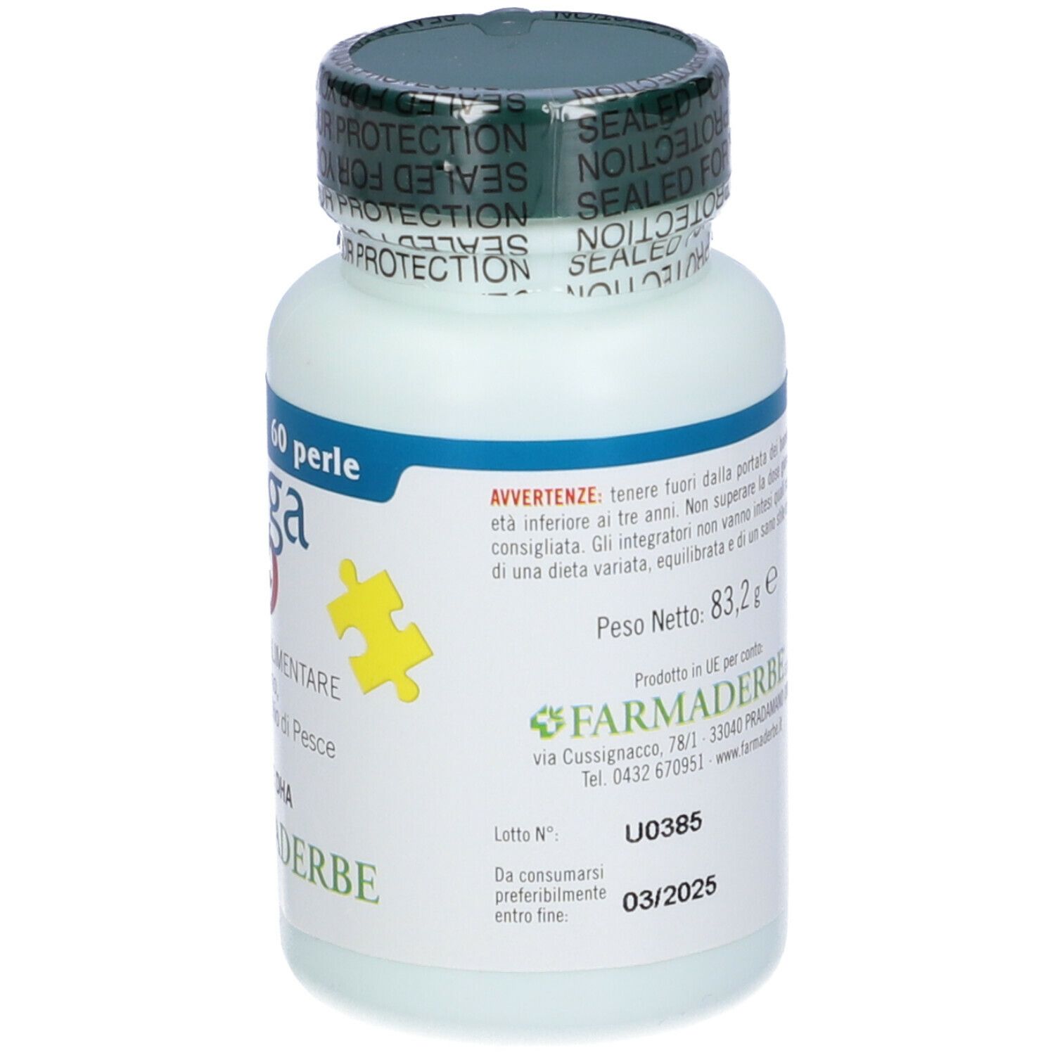 Flacon de complément Omega 3·6·9, 60 perles. Marque Farmaderbe. Avec date de péremption.