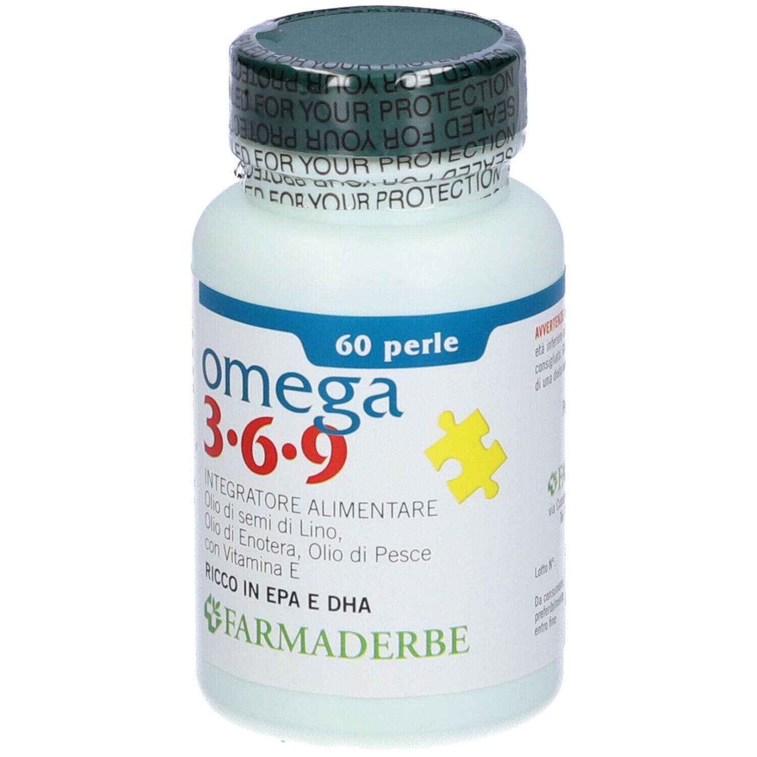 Flacon de complément Omega 3·6·9, 60 perles. Marque Farmaderbe. Désignation claire du produit.