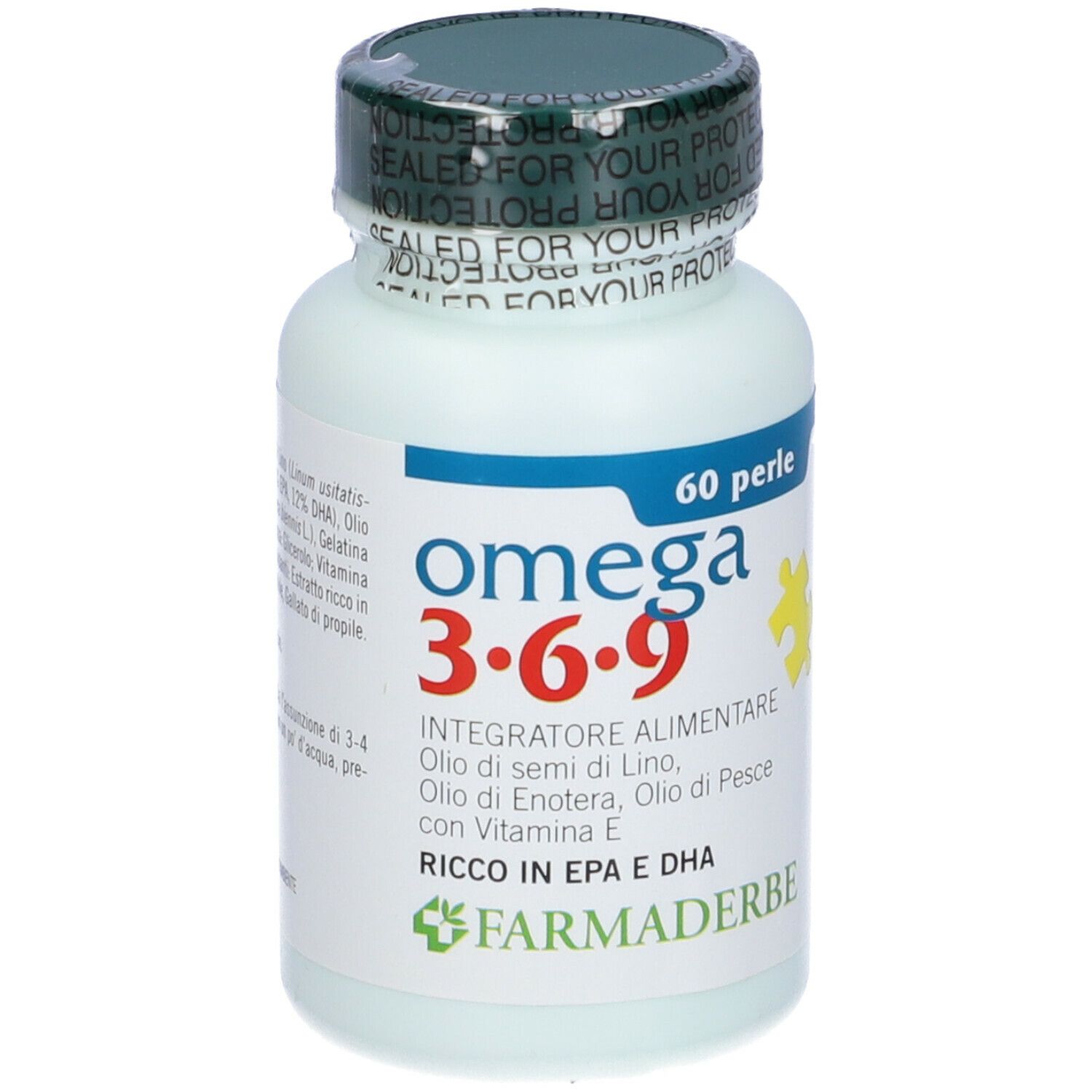 Flacon de complément Omega 3·6·9, 60 perles. Marque Farmaderbe. Étiquette du produit.
