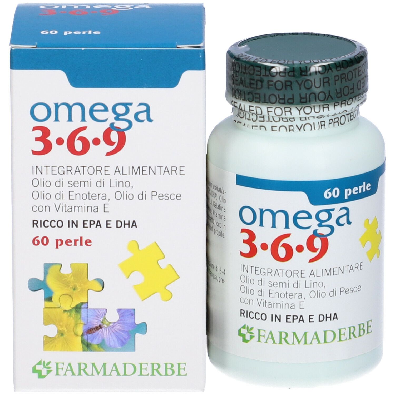 Emballage du produit : flacon et boîte de complément Omega 3·6·9. 60 perles. Marque Farmaderbe.