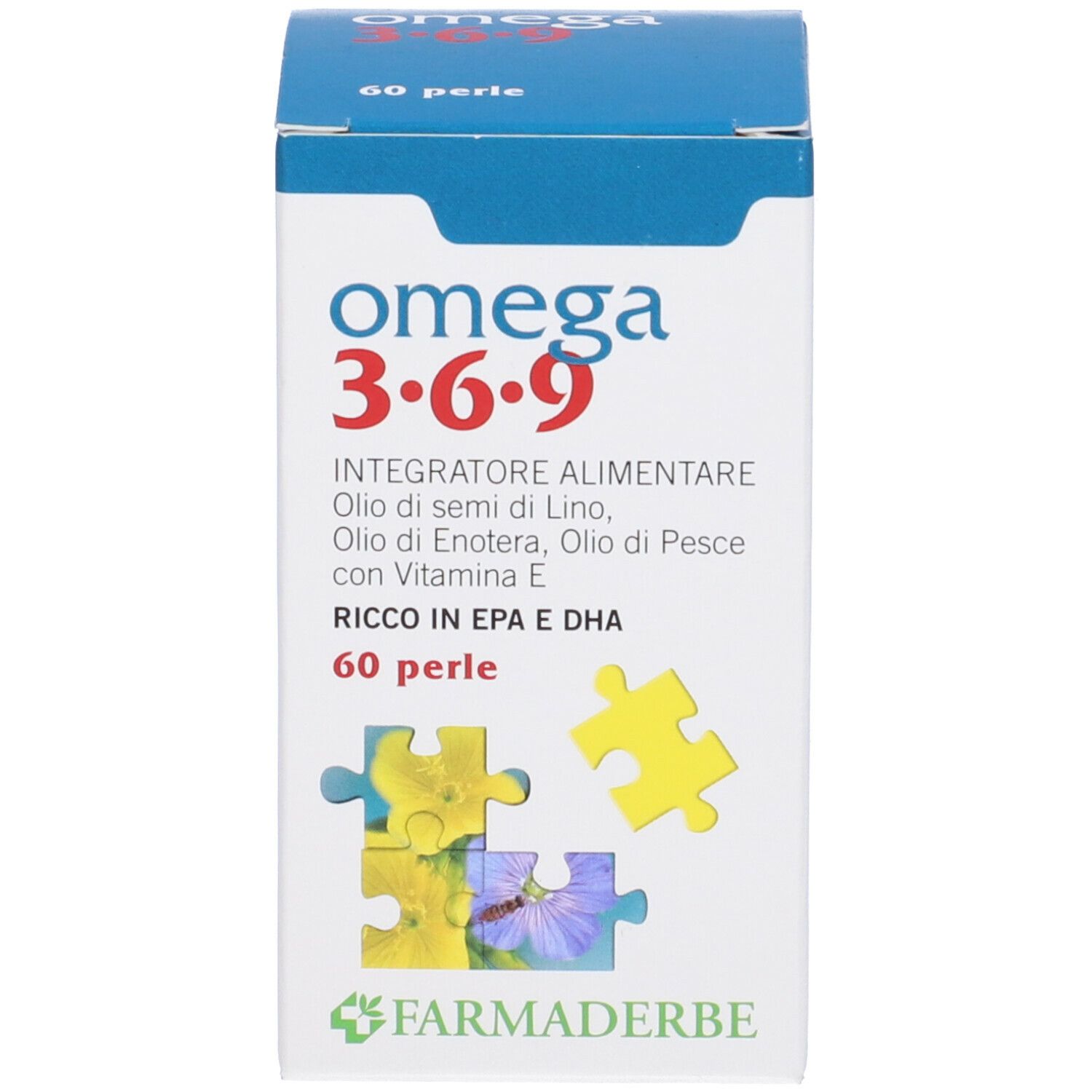 Boîte de complément Omega 3·6·9, 60 perles. Marque Farmaderbe. Design avec pièces de puzzle.