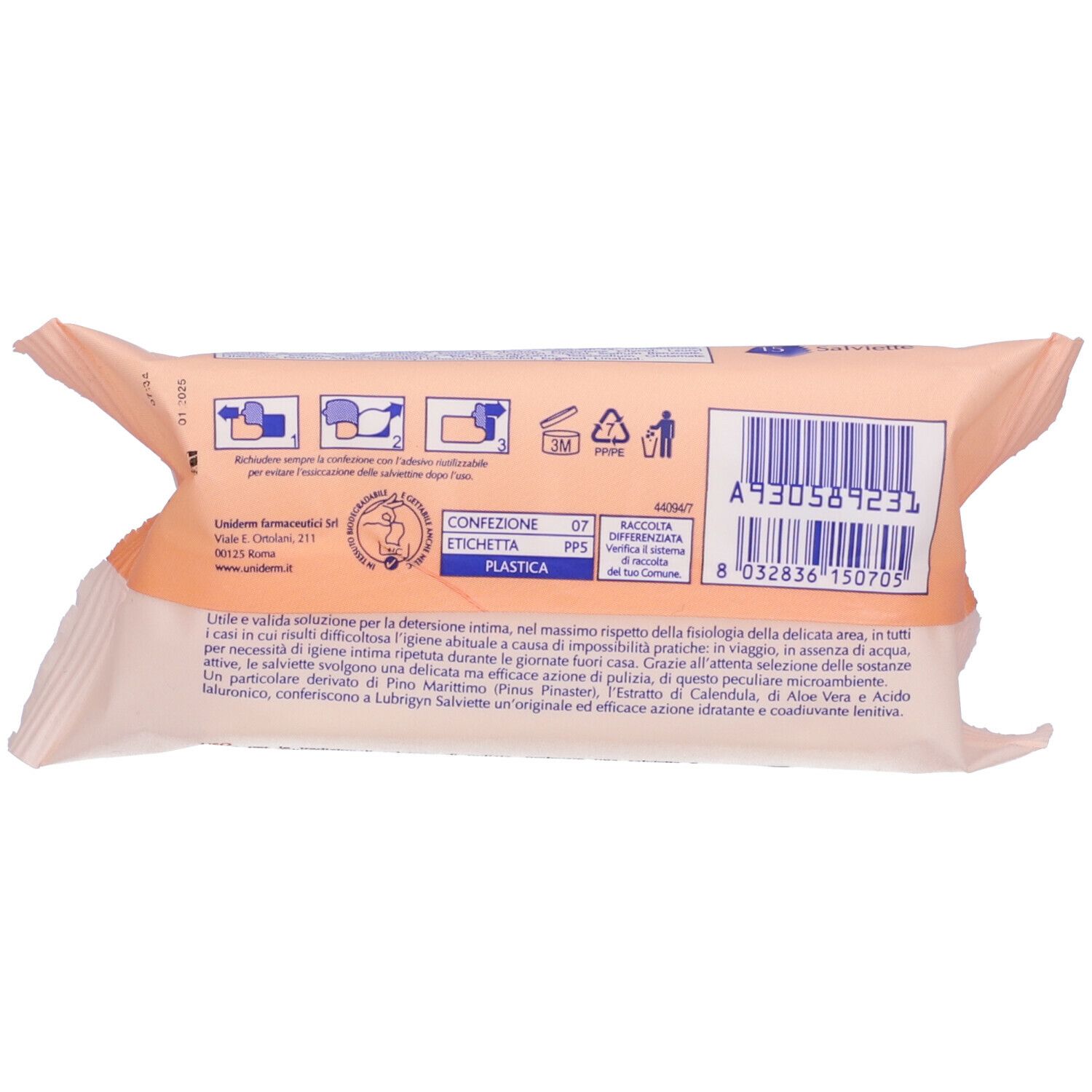 Rückseite der Lubrigyn-Salviette-Verpackung. Text, Barcode und Logos. 'Confezione' und 'Etichetta' sichtbar.