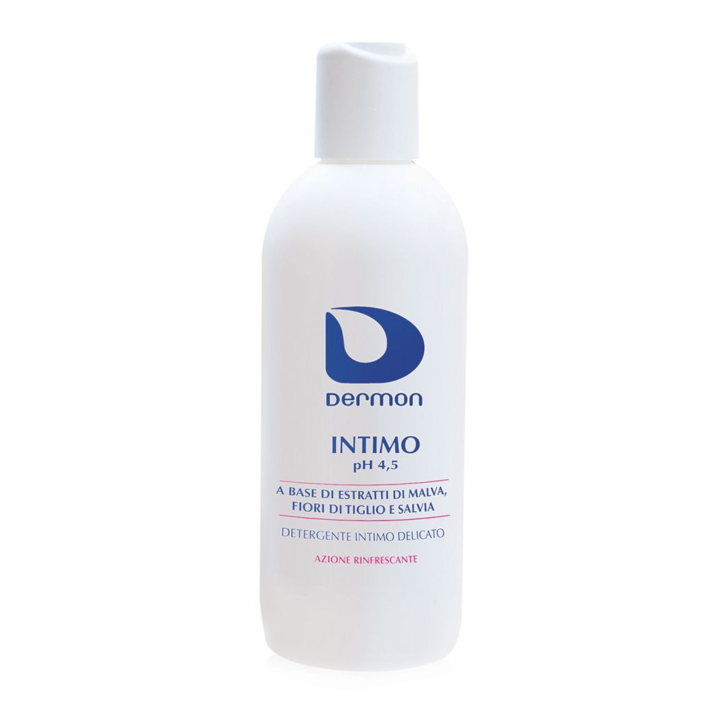 Weiße Flasche mit blauem Logo und Text. Produktname: Intimo pH 4,5. Enthält Extrakte aus Malve, Lindenblüten und Salbei.