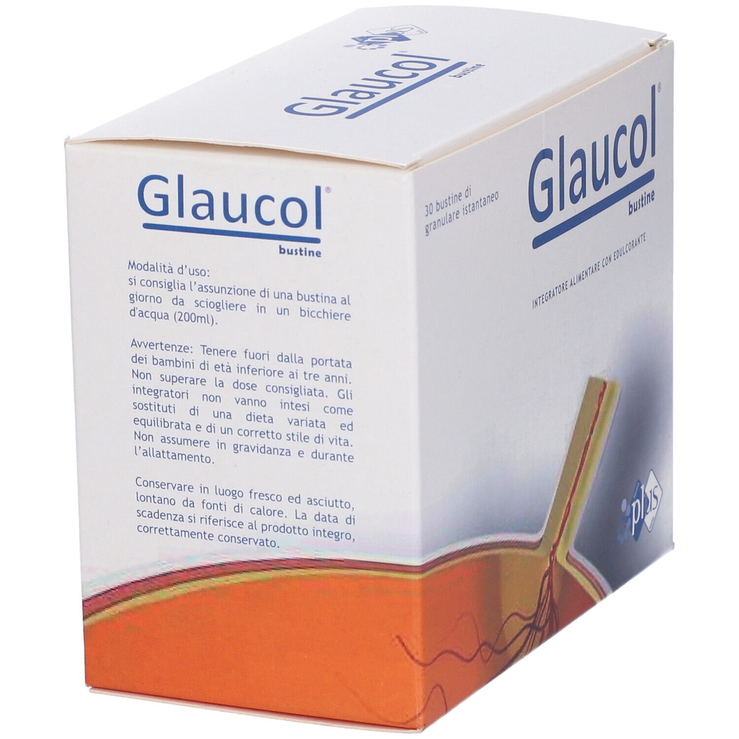 Boîte "Glaucol bustine". Texte : Mode d'emploi, avertissements. Logo Plus. 30 sachets.