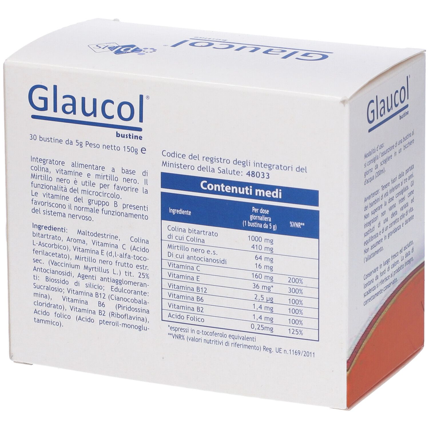 Boîte "Glaucol bustine". Texte : Ingrédients, informations nutritionnelles. Code Ministère de la Santé. 30 sachets.