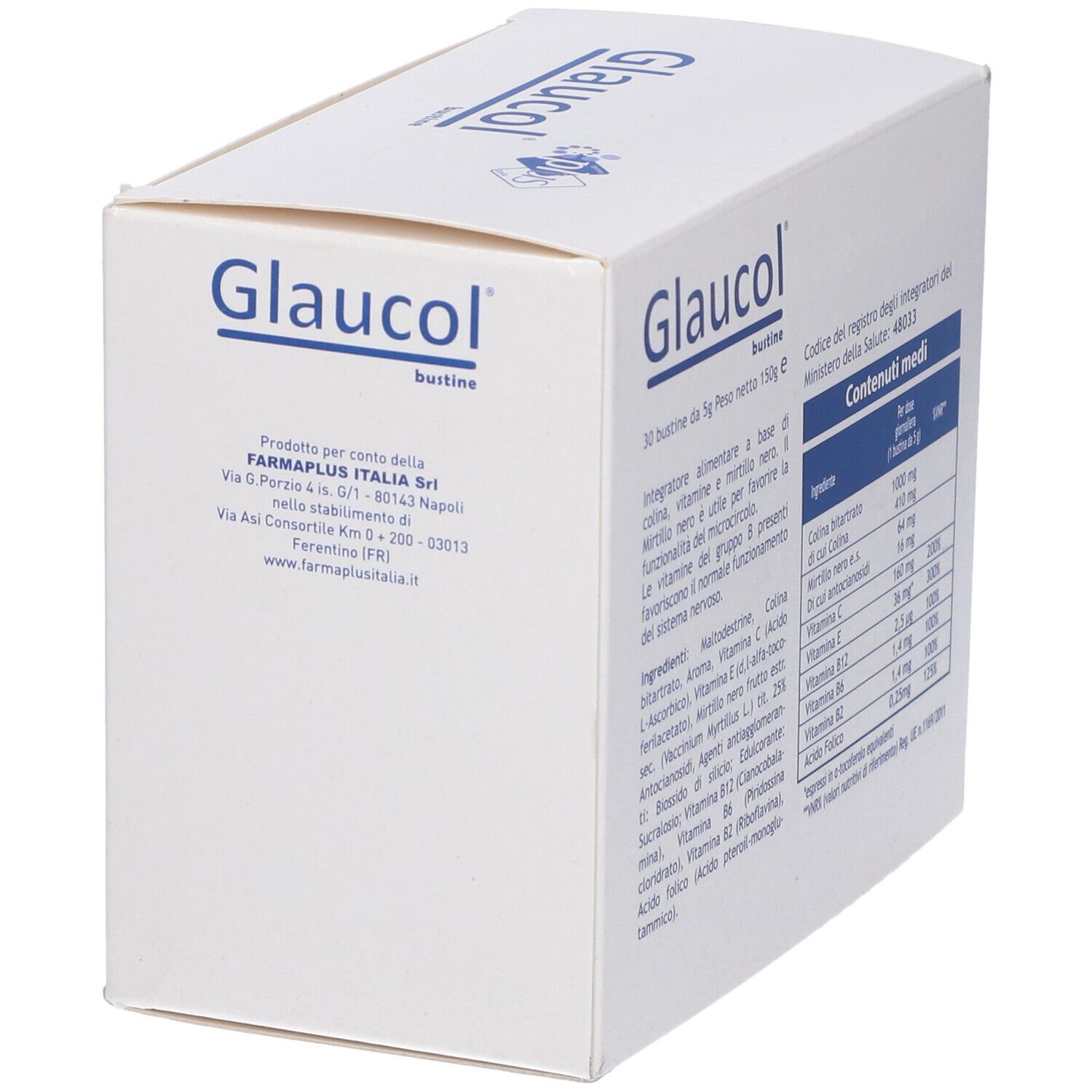 Boîte "Glaucol bustine". Texte : Informations fabricant, informations nutritionnelles. 30 sachets.