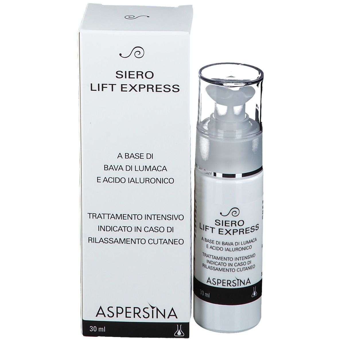 Emballage du produit : boîte blanche avec flacon de sérum. Inscriptions : Siero Lift Express, 30 ml. Contient de la bave d'escargot et de l'acide hyaluronique.