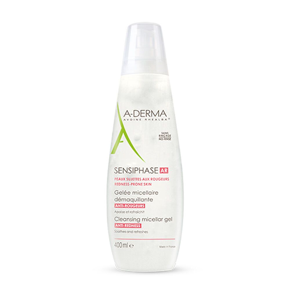 Flacon blanc avec logo A-DERMA et nom du produit SENSIPHASE AR. Contient 400ml. Texte en français et anglais.