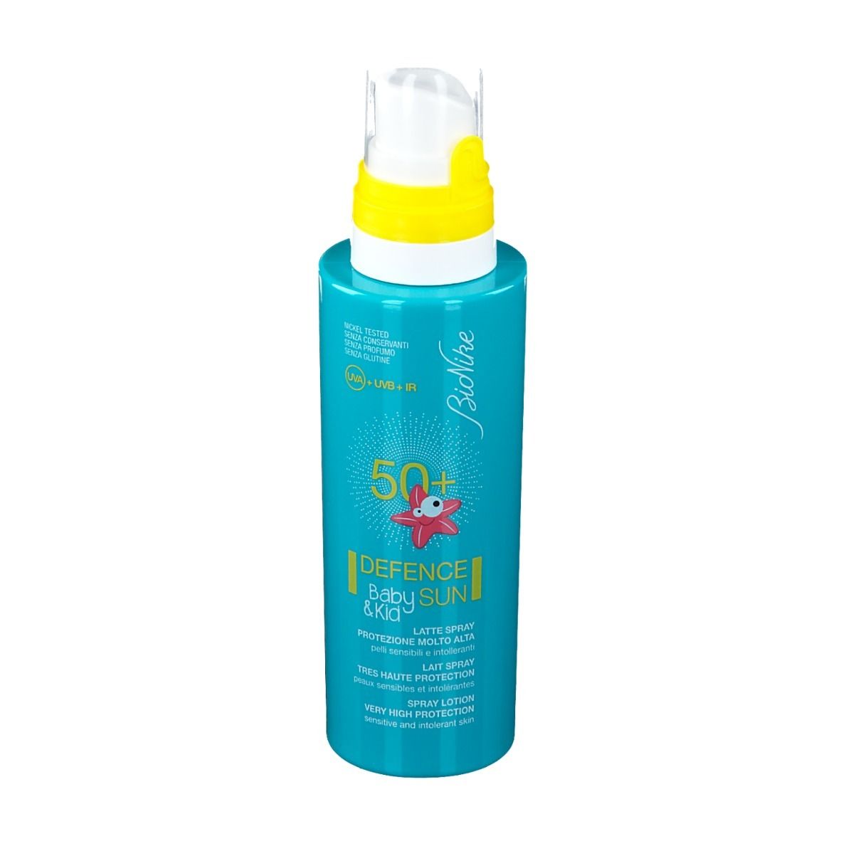 Türkisgrüne Lotion-Spray-Flasche mit gelbem Sprühkopf. Aufschrift: Defence Baby Sun 50+ von BioNike.