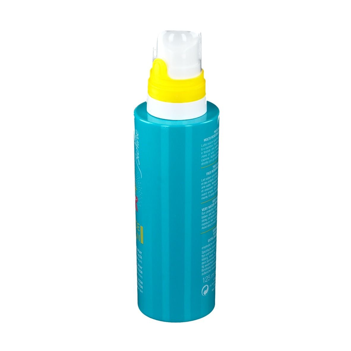 Türkisgrüne Lotion-Spray-Flasche, Seitenansicht. Gelber Sprühkopf. Text auf der Flasche.