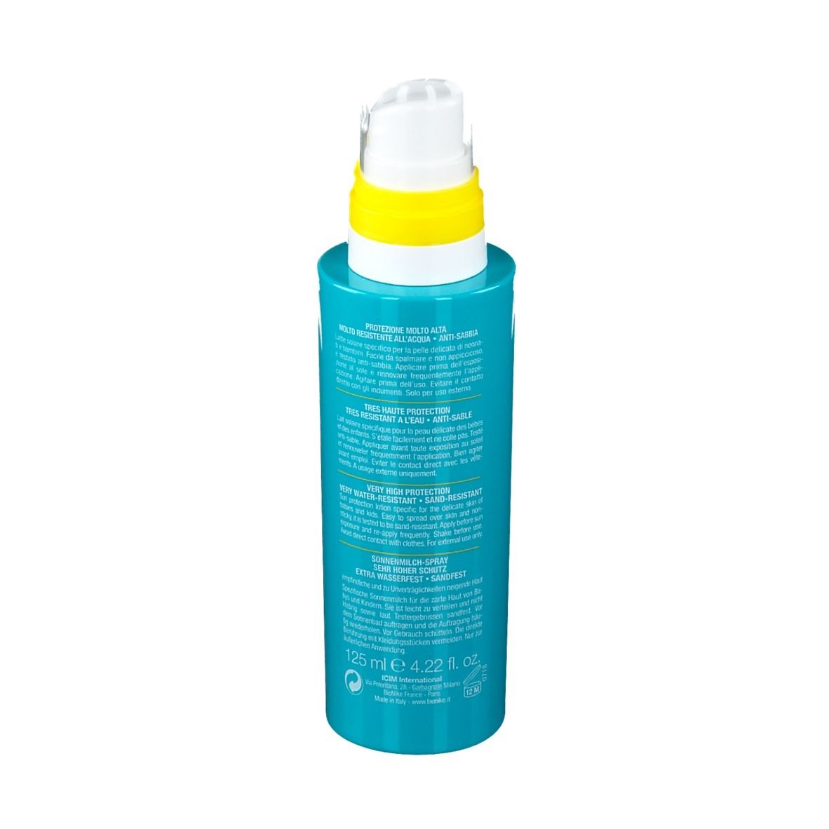 Türkisgrüne Lotion-Spray-Flasche, Rückansicht. Gelber Sprühkopf. Text und Informationen auf der Flasche.