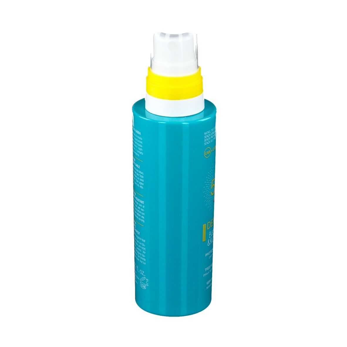 Türkisgrüne Lotion-Spray-Flasche, schräge Ansicht. Gelber Sprühkopf. Text auf der Flasche.
