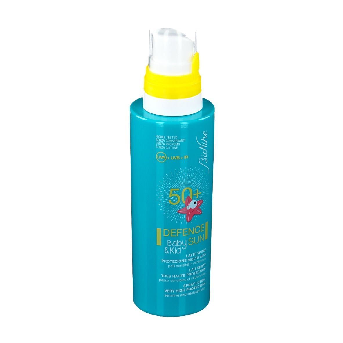 Türkisgrüne Lotion-Spray-Flasche mit gelbem Sprühkopf. Aufschrift: Defence Baby Sun 50+ von BioNike.
