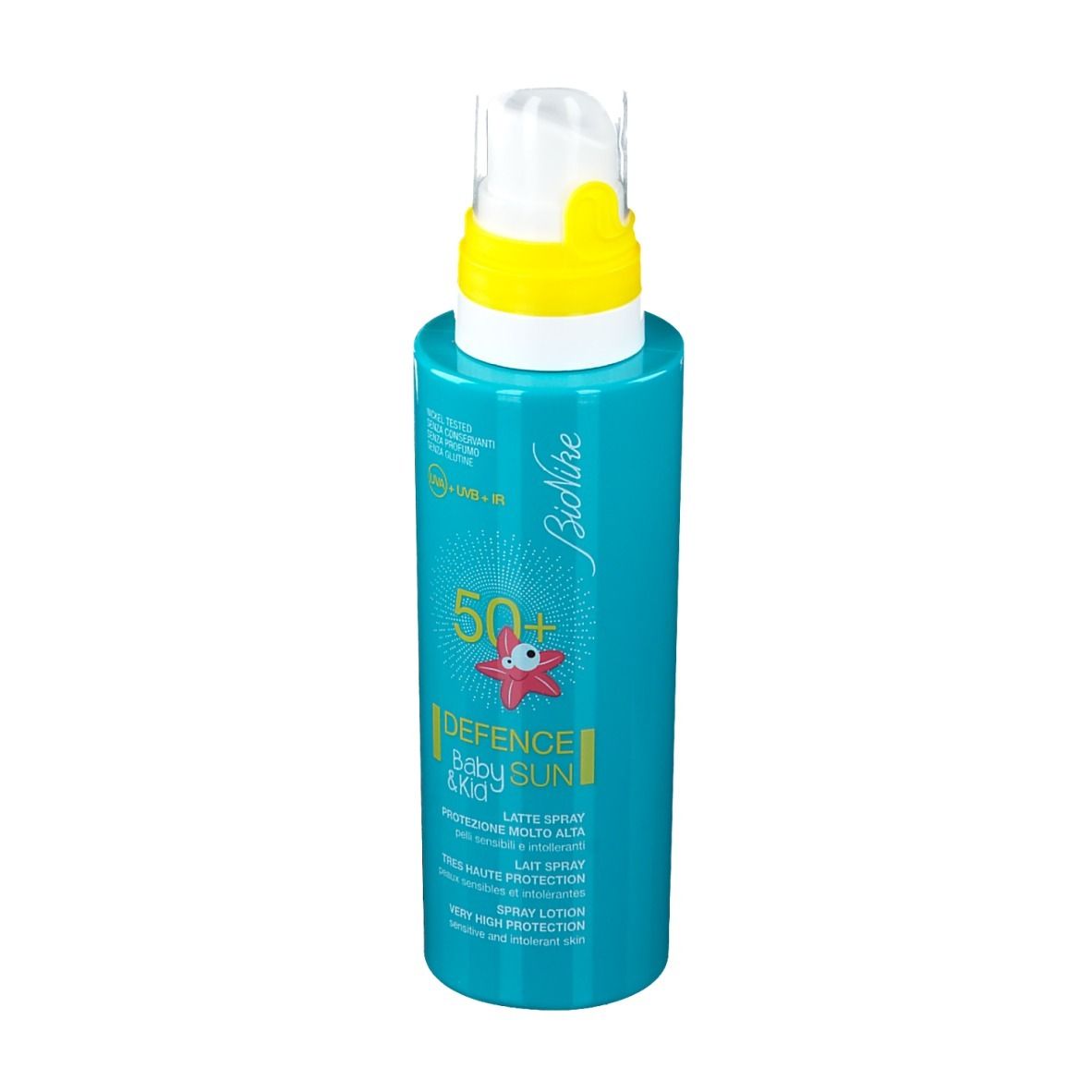 Türkisgrüne Lotion-Spray-Flasche mit gelbem Sprühkopf. Aufschrift: Defence Baby Sun 50+ von BioNike.