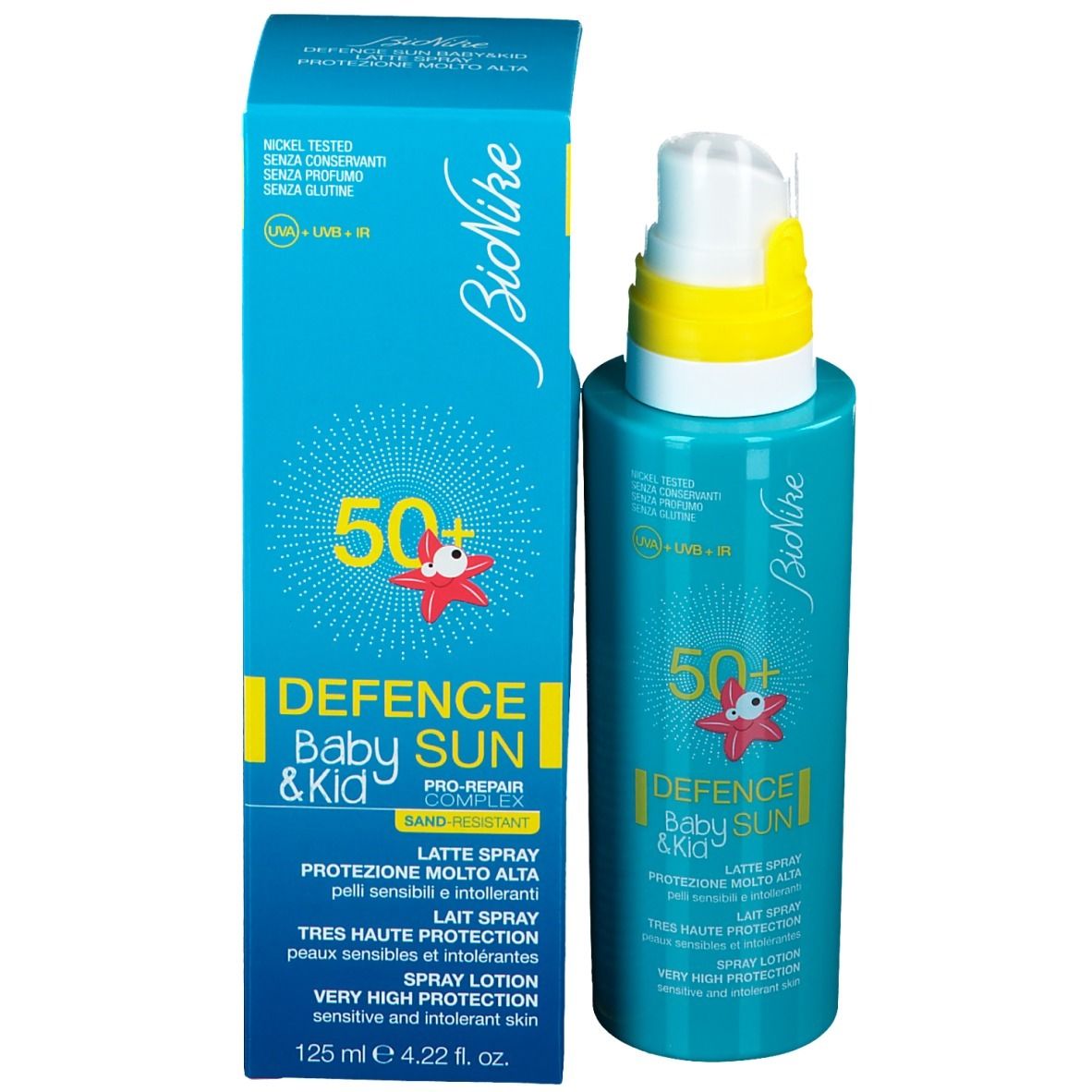 Produktverpackung: Türkisgrüne Schachtel mit Flasche. Aufschrift: Defence Baby Sun 50+ von BioNike.