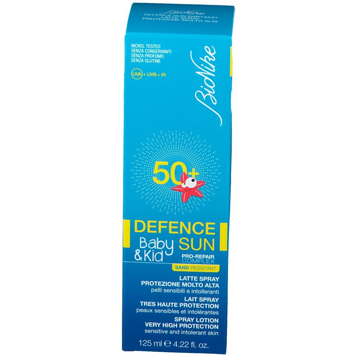 Produktverpackung: Türkisgrüne Schachtel. Aufschrift: Defence Baby Sun 50+ von BioNike.