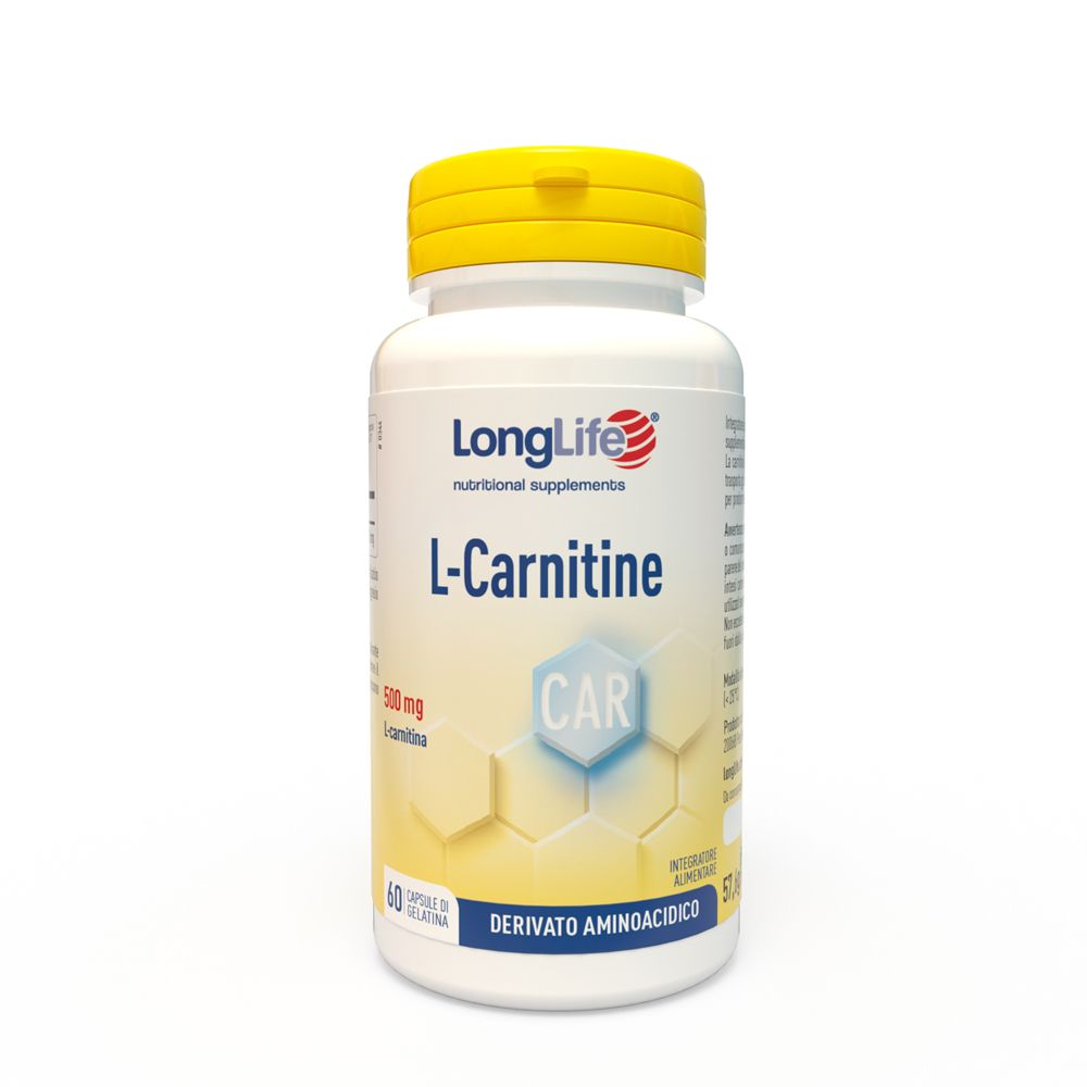 Flacon blanc avec bouchon jaune. Inscription: LongLife L-Carnitine. Contient 60 gélules.