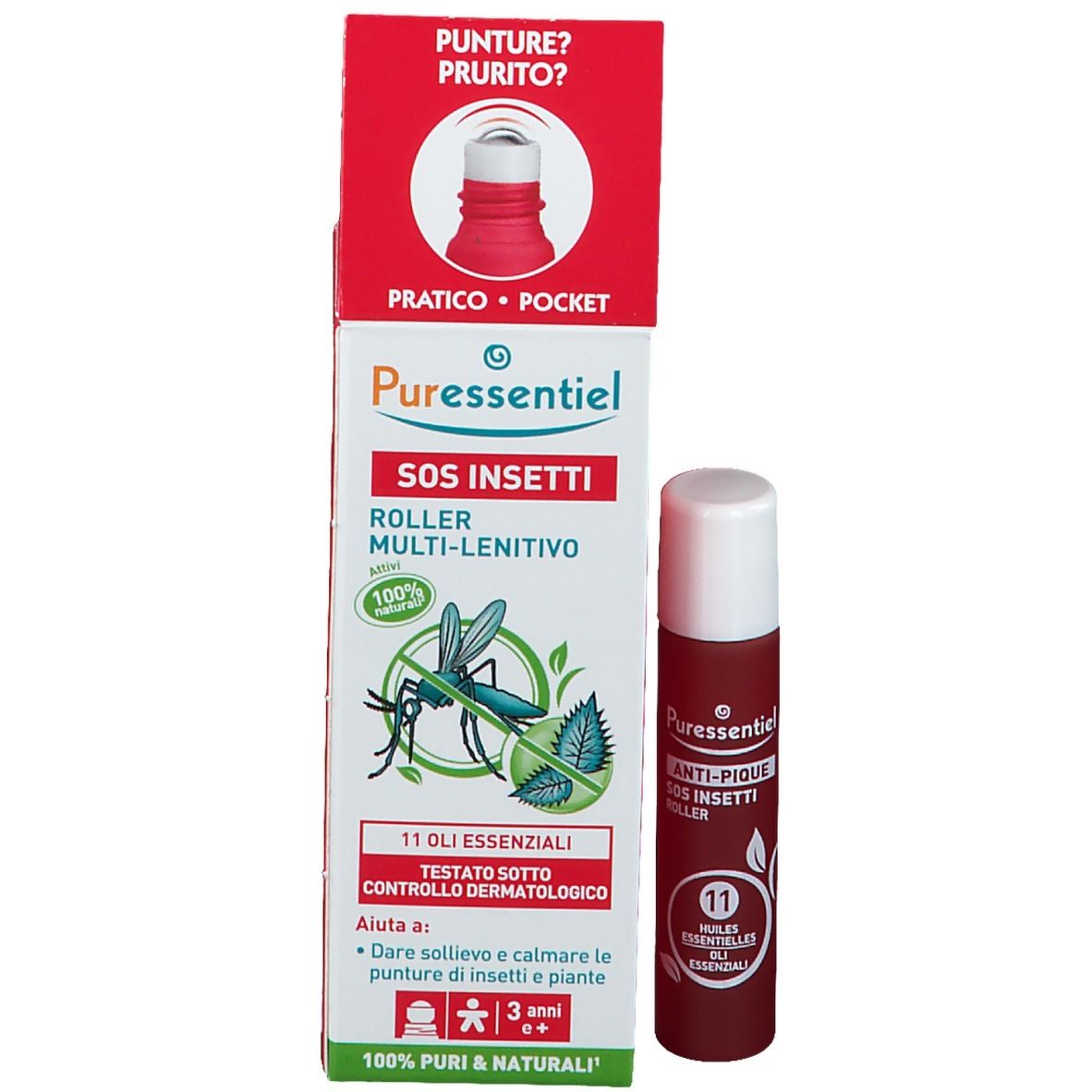 Produktverpackung mit Roller. Text: SOS Insetti, Roller Multi-Lenitivo, 11 Oli Essenziali.