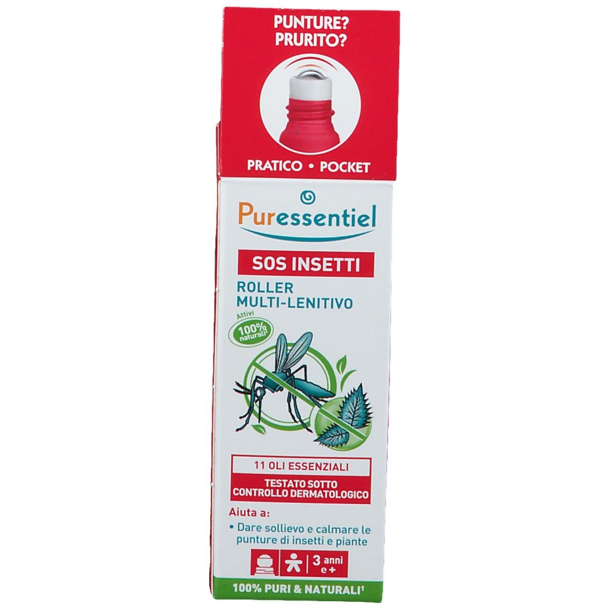 Produktverpackung. Text: SOS Insetti, Roller Multi-Lenitivo, 11 Oli Essenziali. 100% PURI & NATURALI.