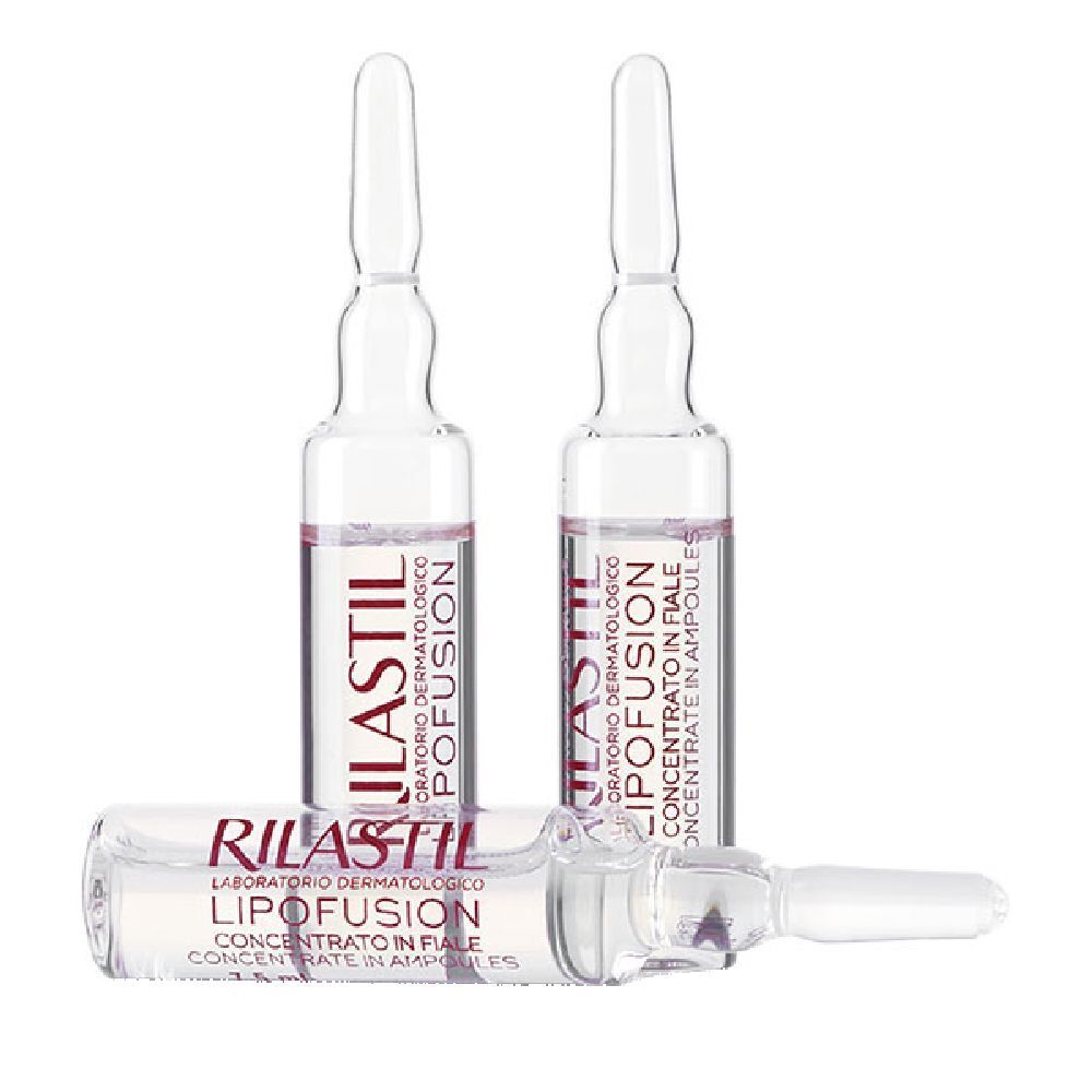 Trois ampoules en verre avec liquide. Inscription: RILASTIL, LIPOFUSION. Laboratoire dermatologique.