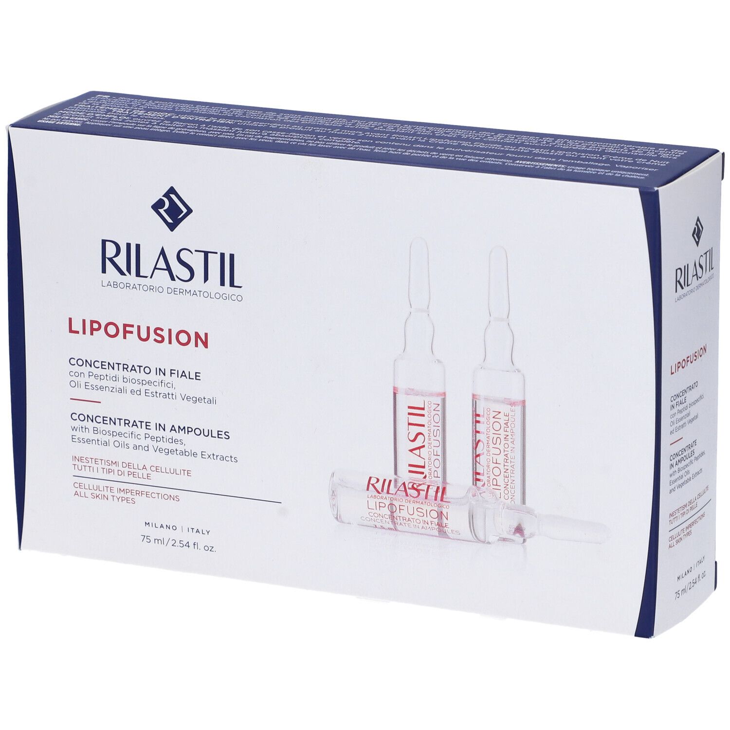 Emballage RILASTIL Lipofusion. Contient des ampoules. Texte: Concentrate in Ampoules, 75 ml. Avec logo.
