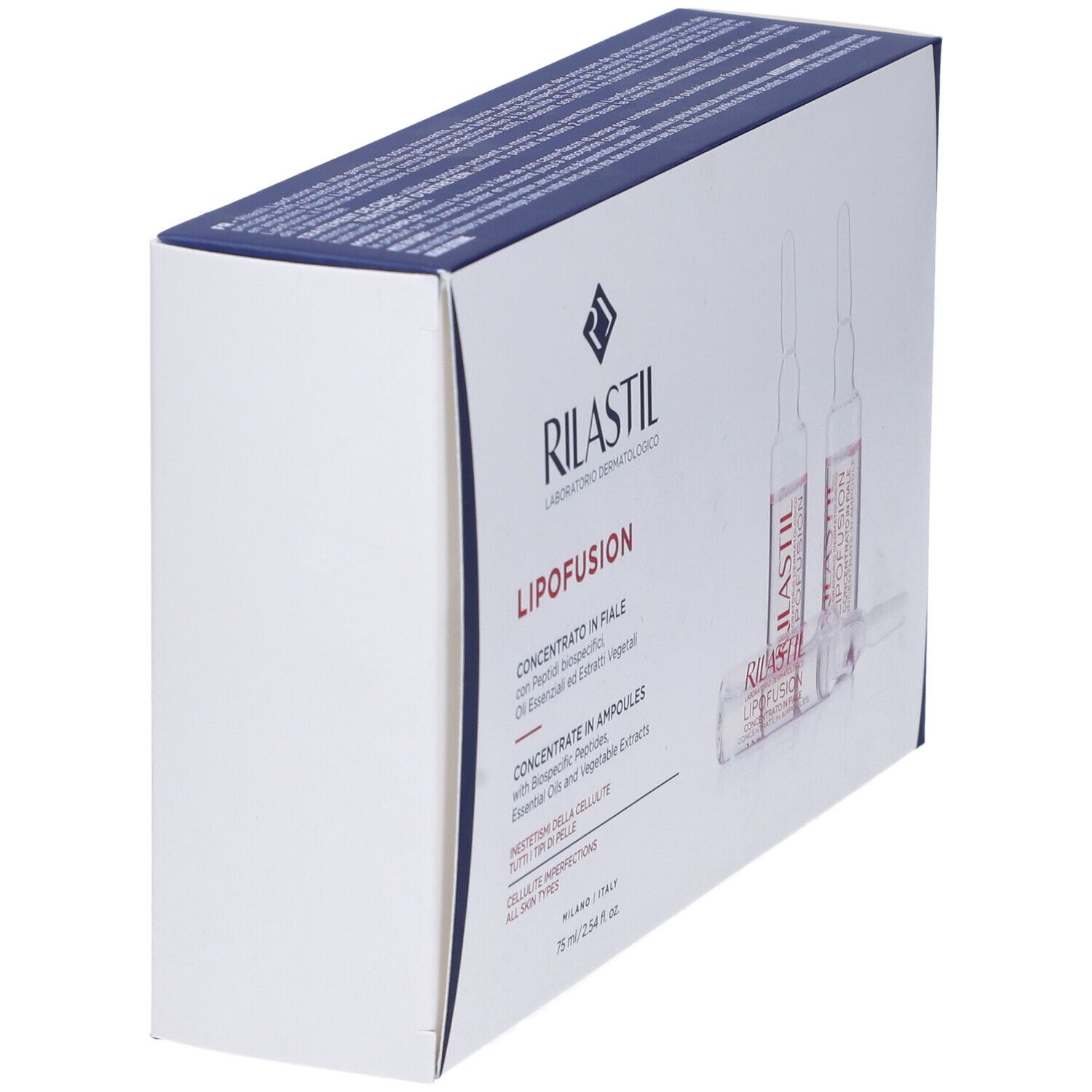 Boîte RILASTIL Lipofusion, en biais. Texte: Concentrate in Ampoules, 75 ml. Avec logo et image d'ampoules.